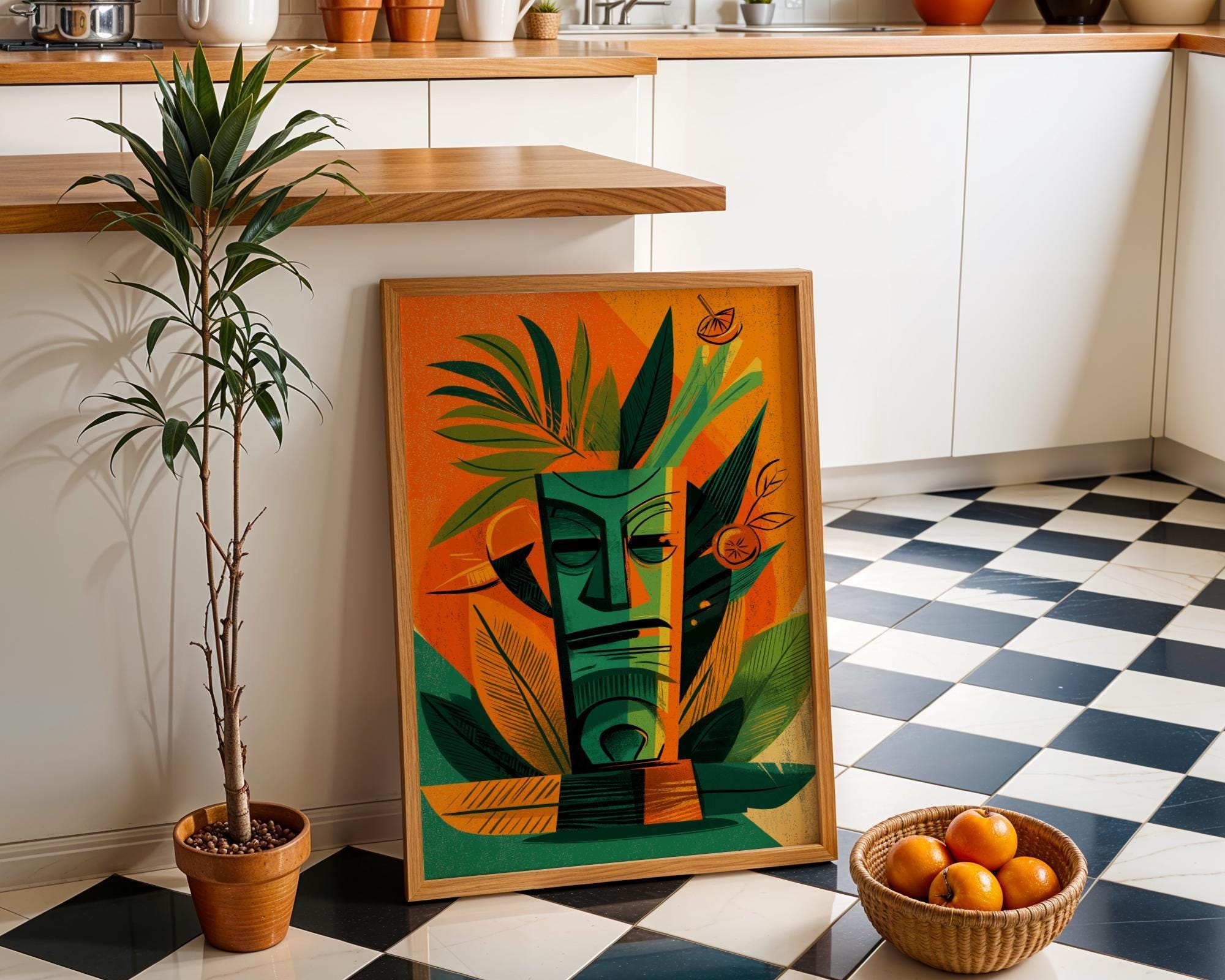 Tropical Tiki Bar Cocktail Retro Citrus Drink with Palm Leaves Wall Art