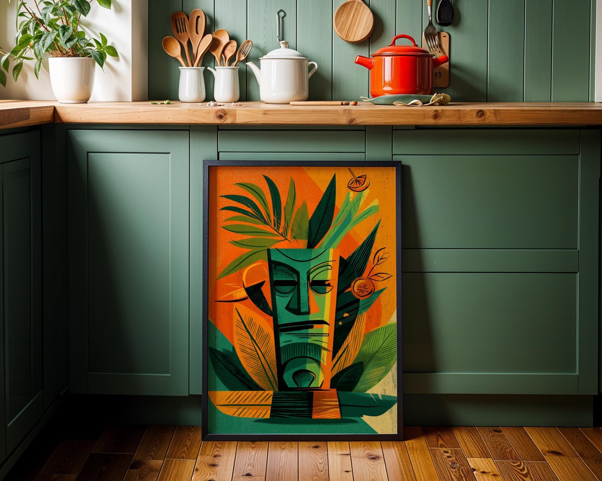 Tropical Tiki Bar Cocktail Retro Citrus Drink with Palm Leaves Wall Art