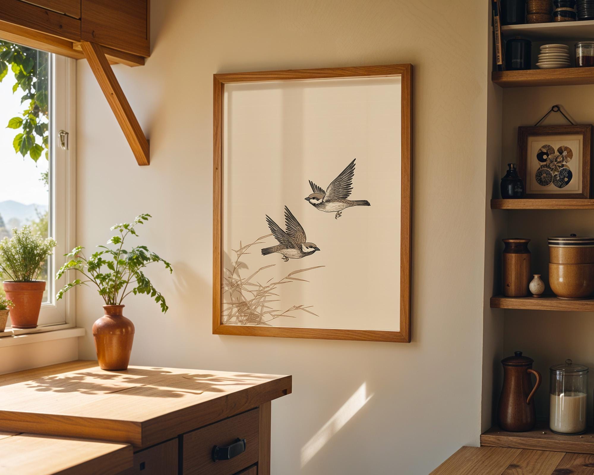 Japanese Sparrow Ink Minimalist Japandi Wall Art by The Wall Art Studio
