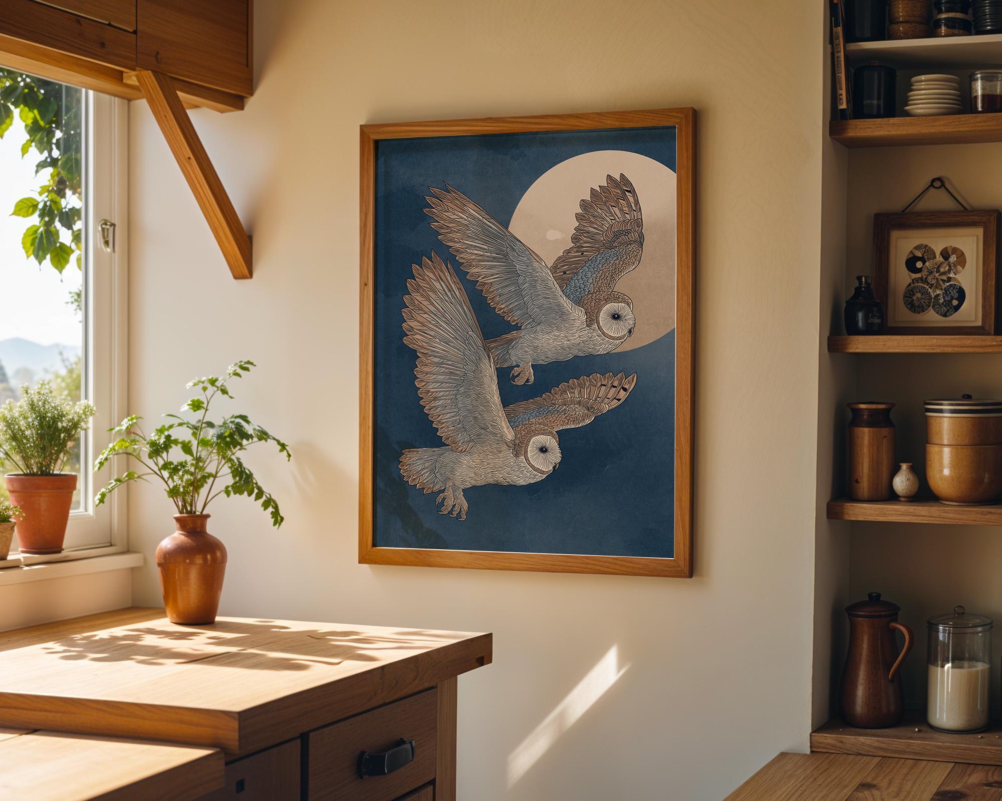 Japanese Style Owl Ukiyo-e Inspired Night Moon Wall Art by The Wall Art Studio