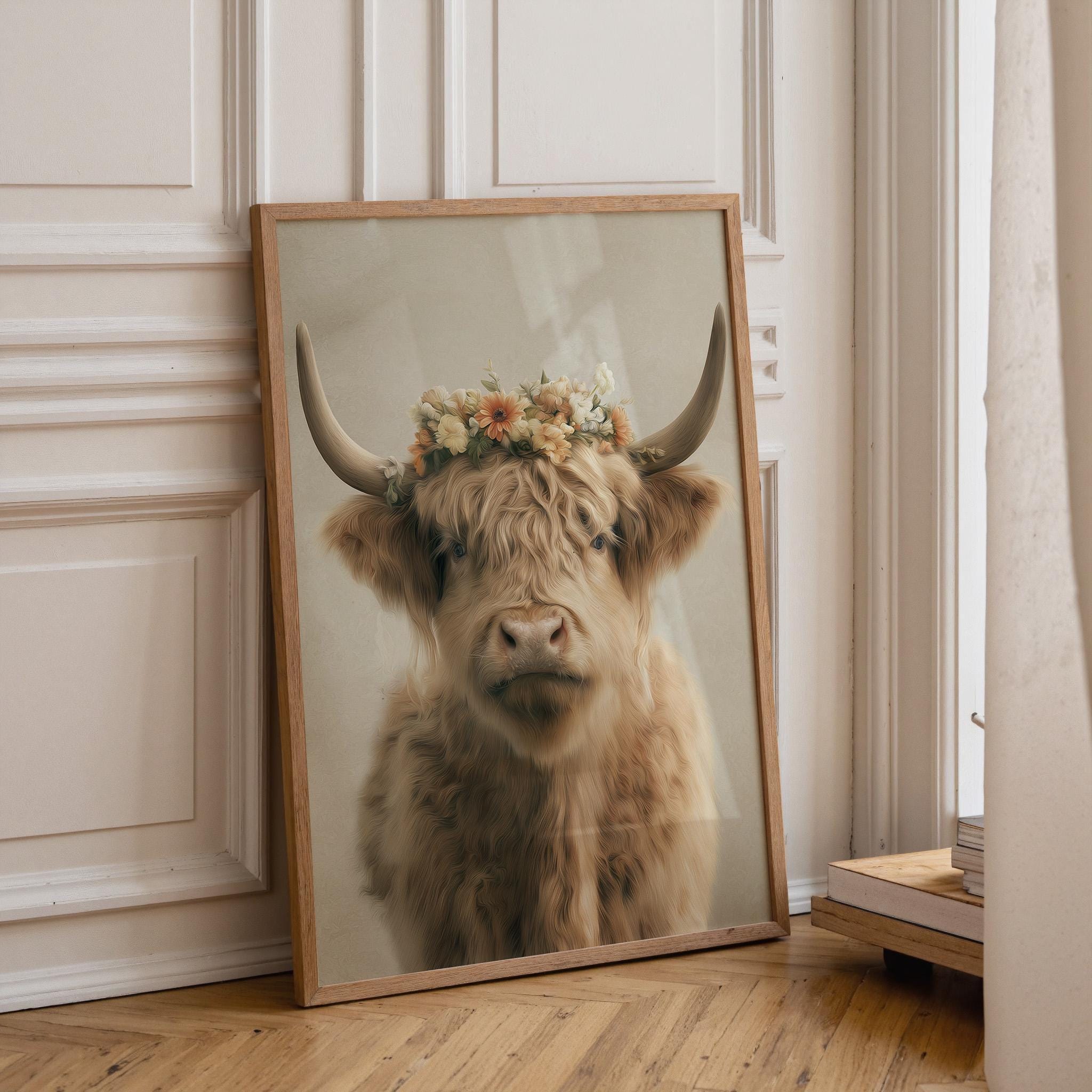 Highland Cow Wall Art Print | Rustic Farmhouse Animal Poster | Scottish Highland Cattle Artwork | Country Home Décor |