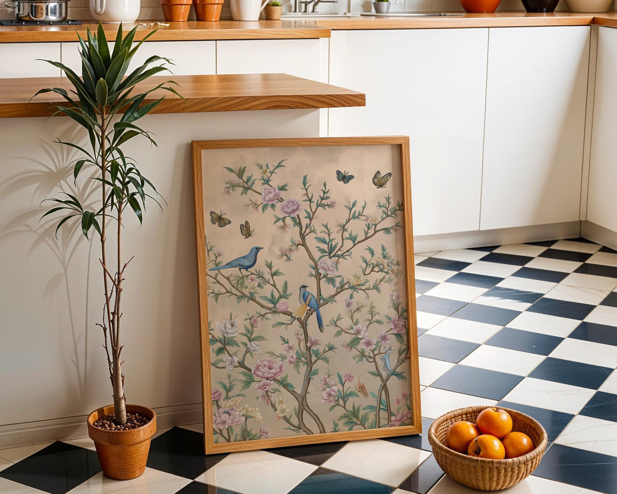 Chinoiserie Garden Vintage Bird & Butterfly Botanical Floral Wall Art by The Wall Art Studio - physical