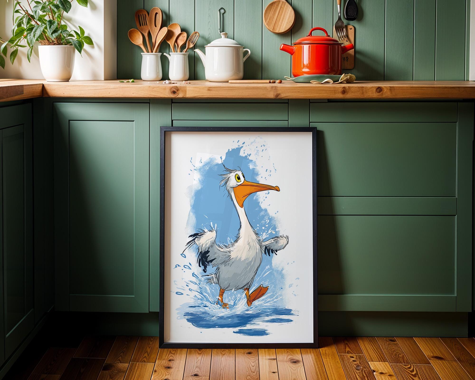 Funny Pelican Cute Cartoon Splashing Pelican Coastal Nursery Wall Art by The Wall Art Studio