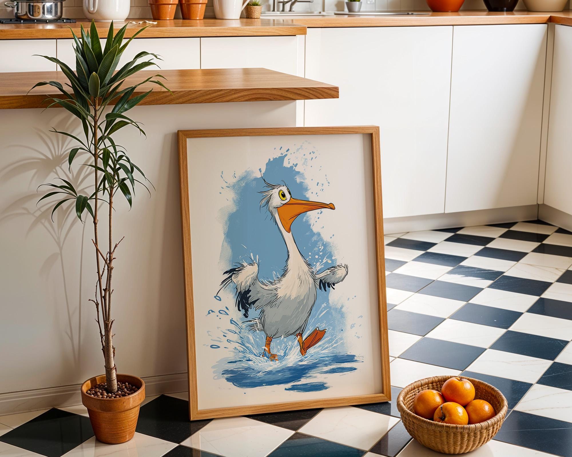 Funny Pelican Cute Cartoon Splashing Pelican Coastal Nursery Wall Art by The Wall Art Studio