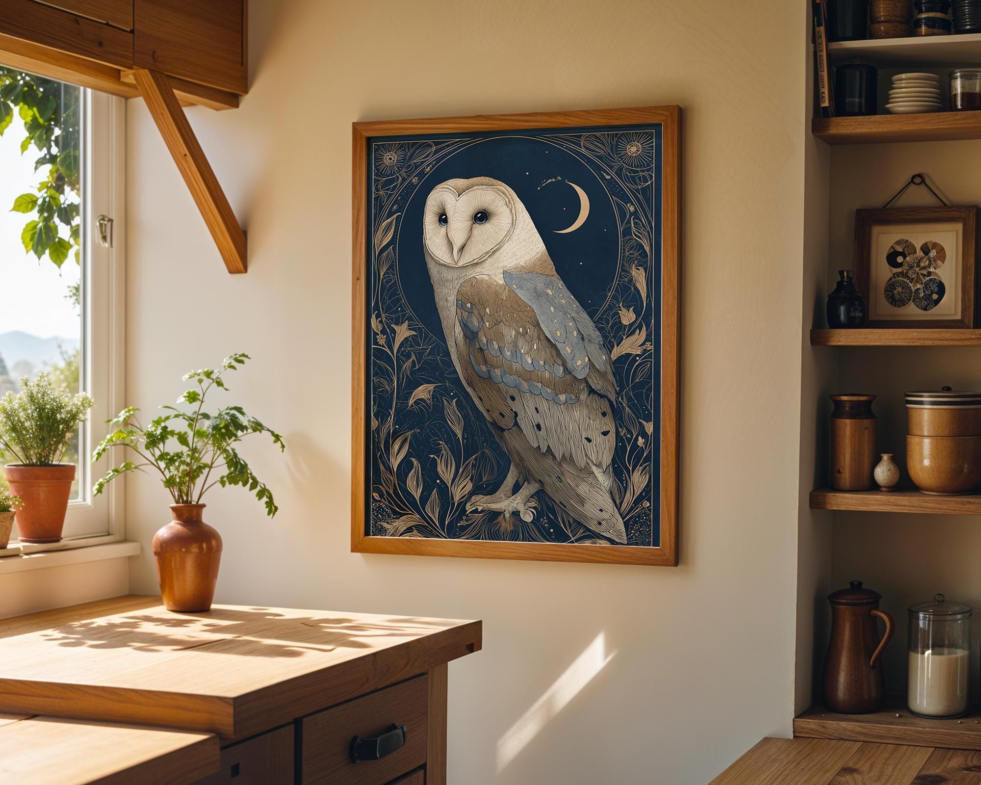Art Nouveau Barn Owl Botanical William Morris Style Wall Art