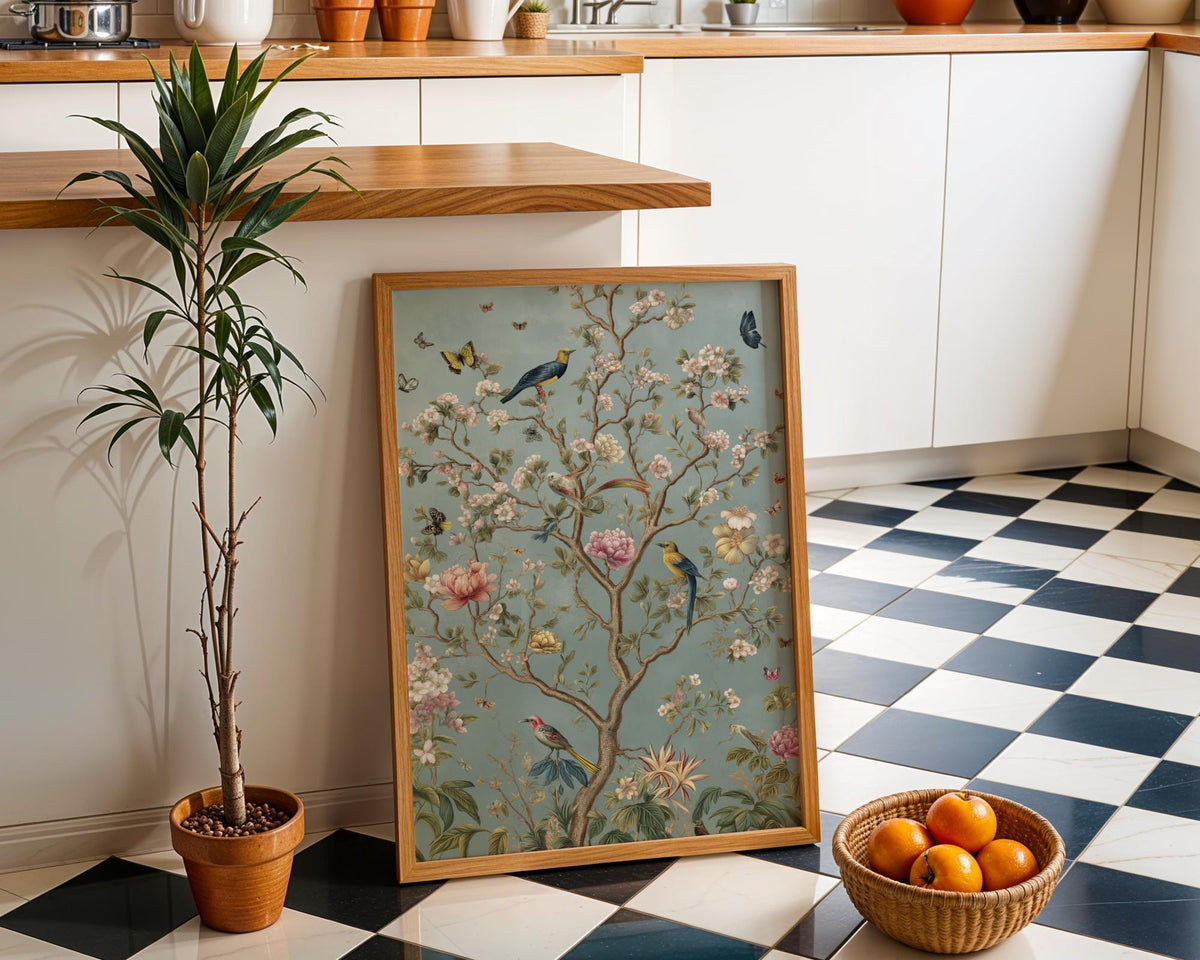 Chinoiserie Garden Vintage Bird & Butterfly Botanical Floral Wall Art by The Wall Art Studio
