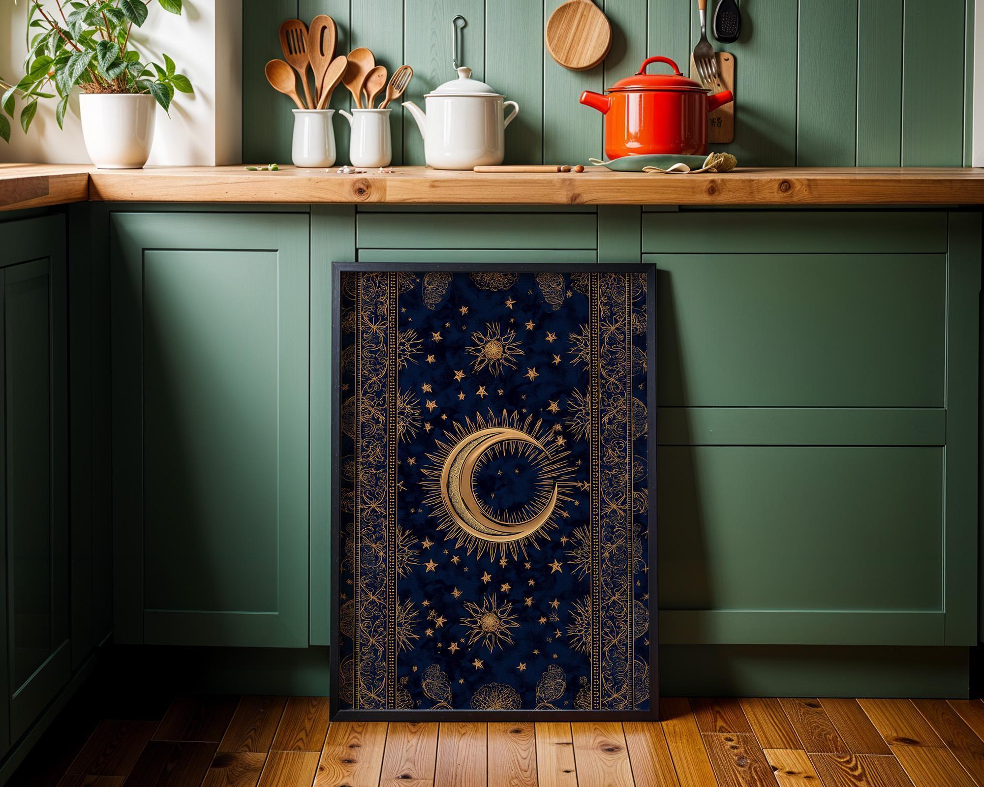 Islamic Crescent Moon Celestial Blue & Gold Starry Night Wall Art by The Wall Art Studio