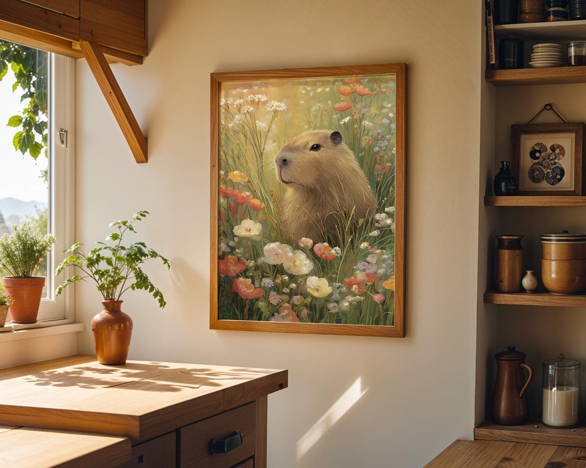 Vintage Style Wildflower Meadow Capybara Wall Art by The Wall Art Studio
