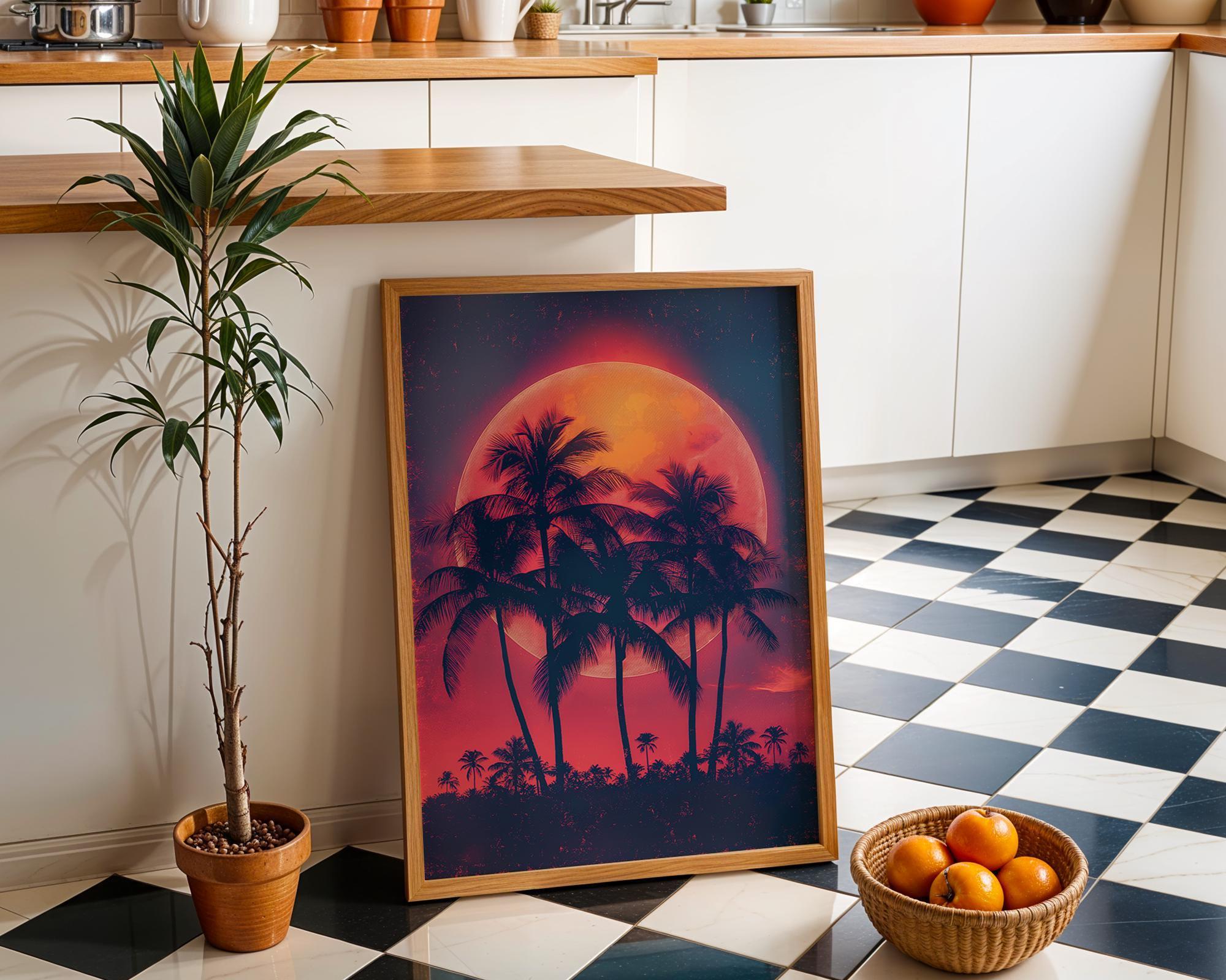 1980s Miami Sunset Synthwave Palm Tree Wall Art by The Wall Art Studio