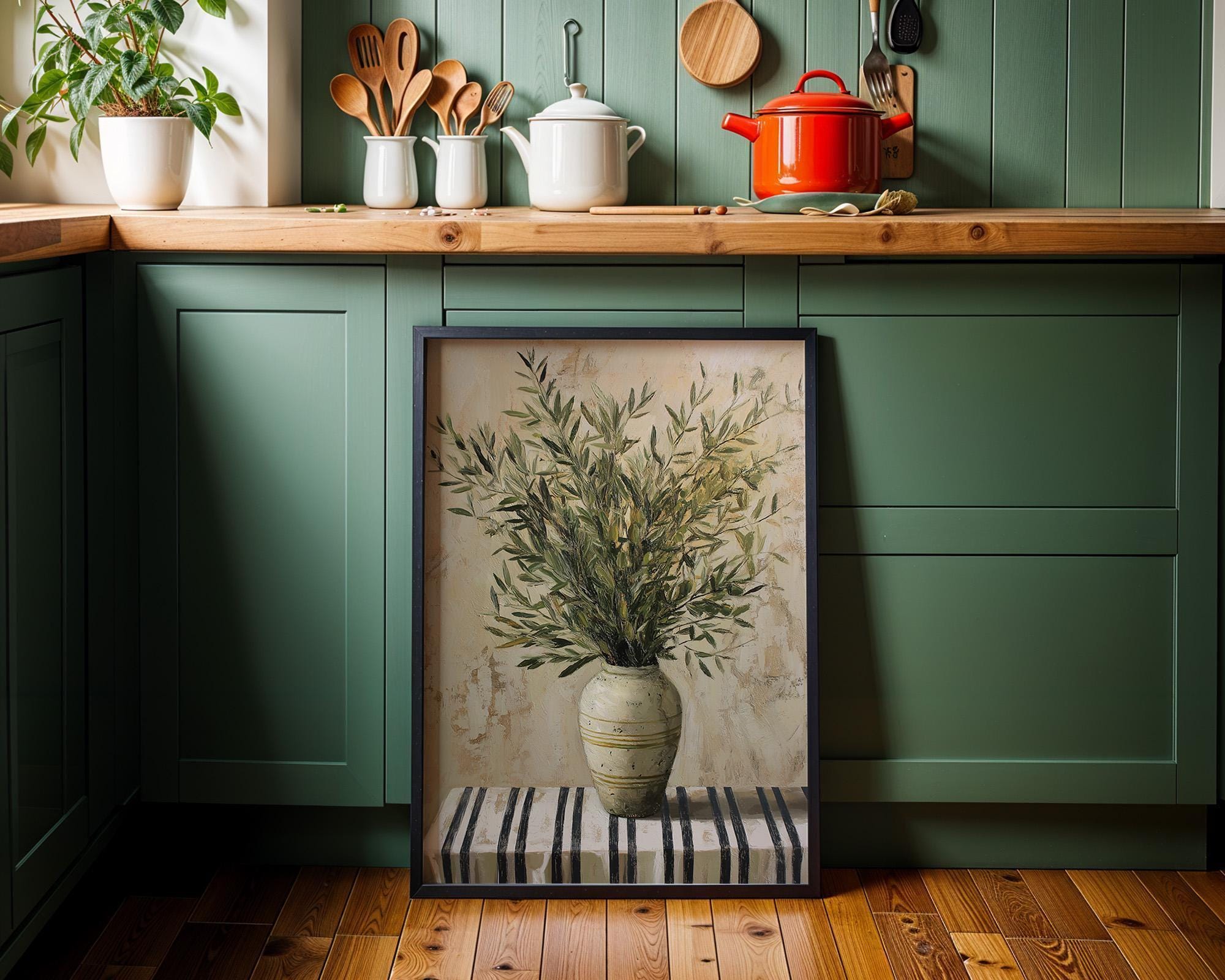 Rustic Mediterranean Olive Branch Vase Wall Art by The Wall Art Studio - physical