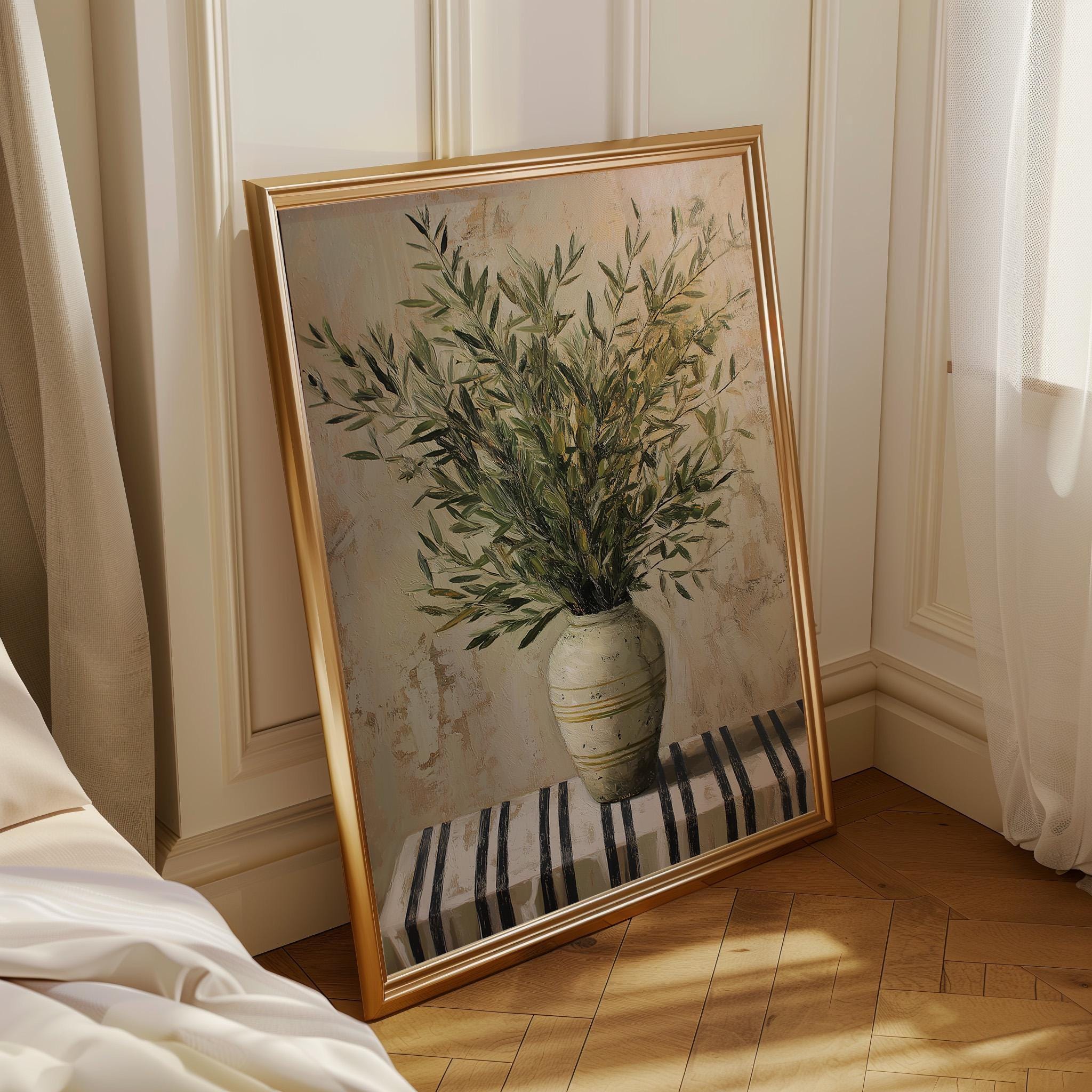 Rustic Mediterranean Olive Branch Vase Wall Art by The Wall Art Studio - physical