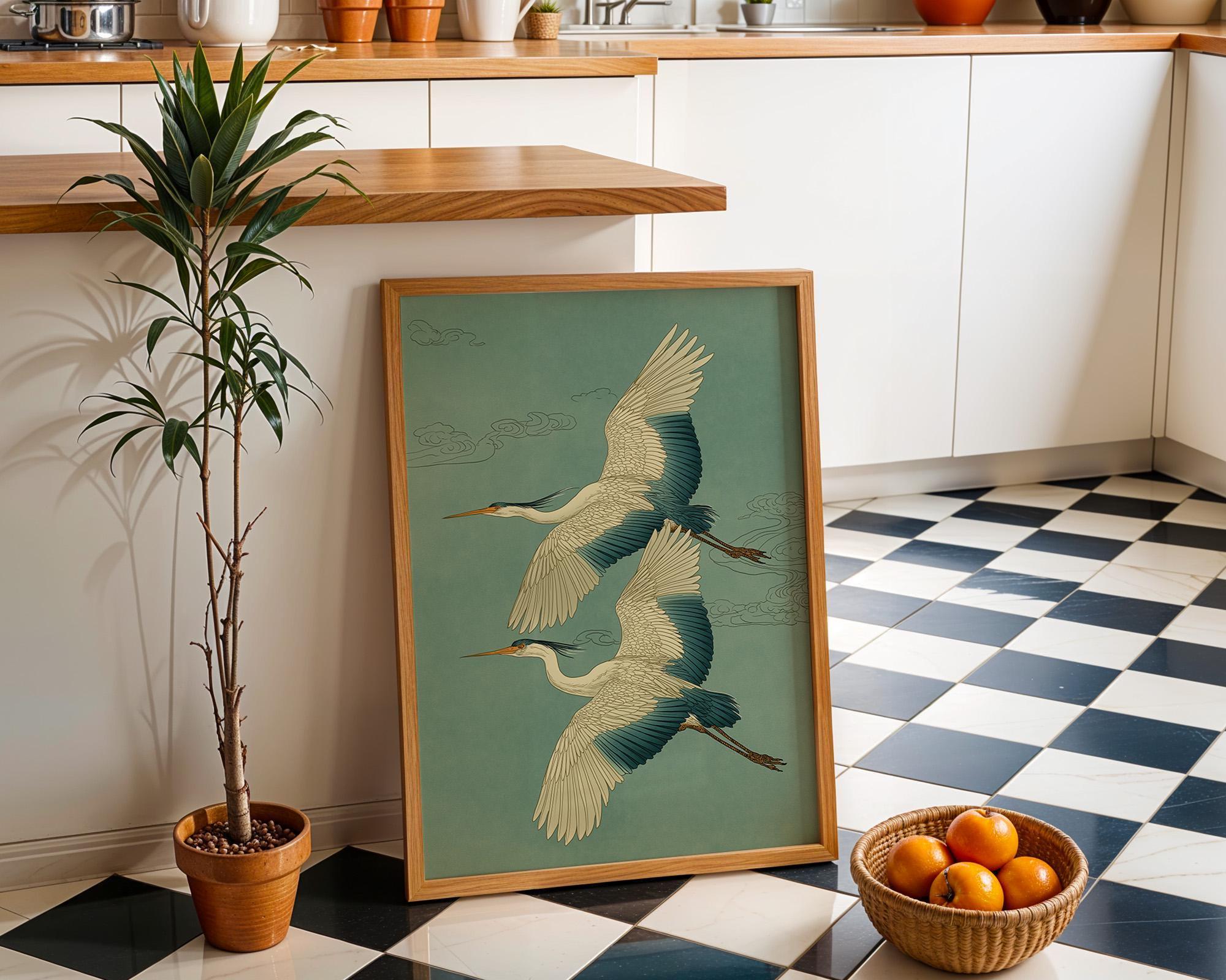 Japanese Crane Ukiyo-e Inspired Japandi Teal Heron by The Wall Art Studio