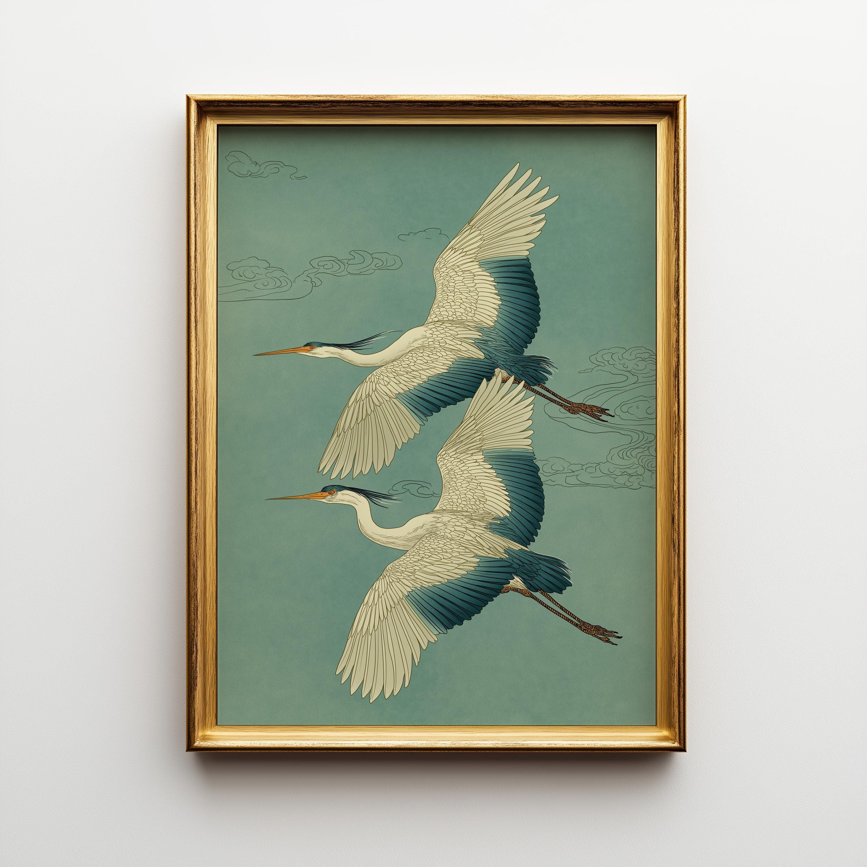 Japanese Crane Ukiyo-e Inspired Japandi Teal Heron by The Wall Art Studio