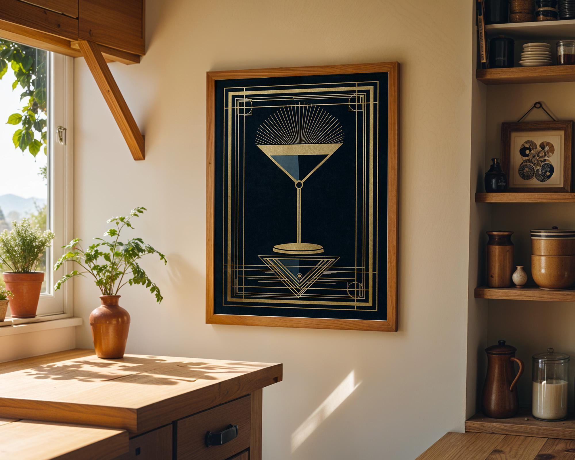 Art Deco Cocktail Wall Art Print, Minimalist Martini Illustration, Black and Gold Bar Décor