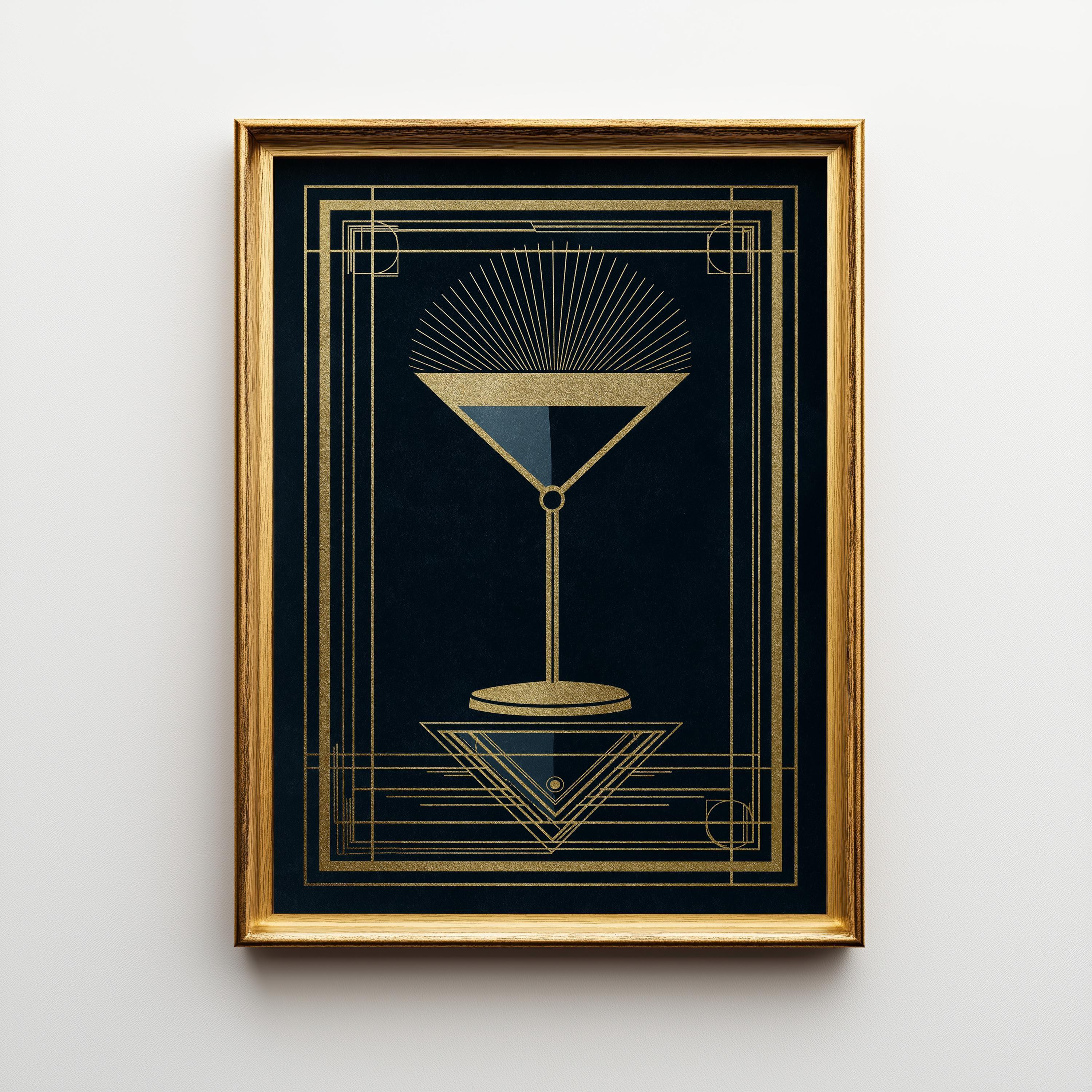 Art Deco Cocktail Wall Art Print, Minimalist Martini Illustration, Black and Gold Bar Décor