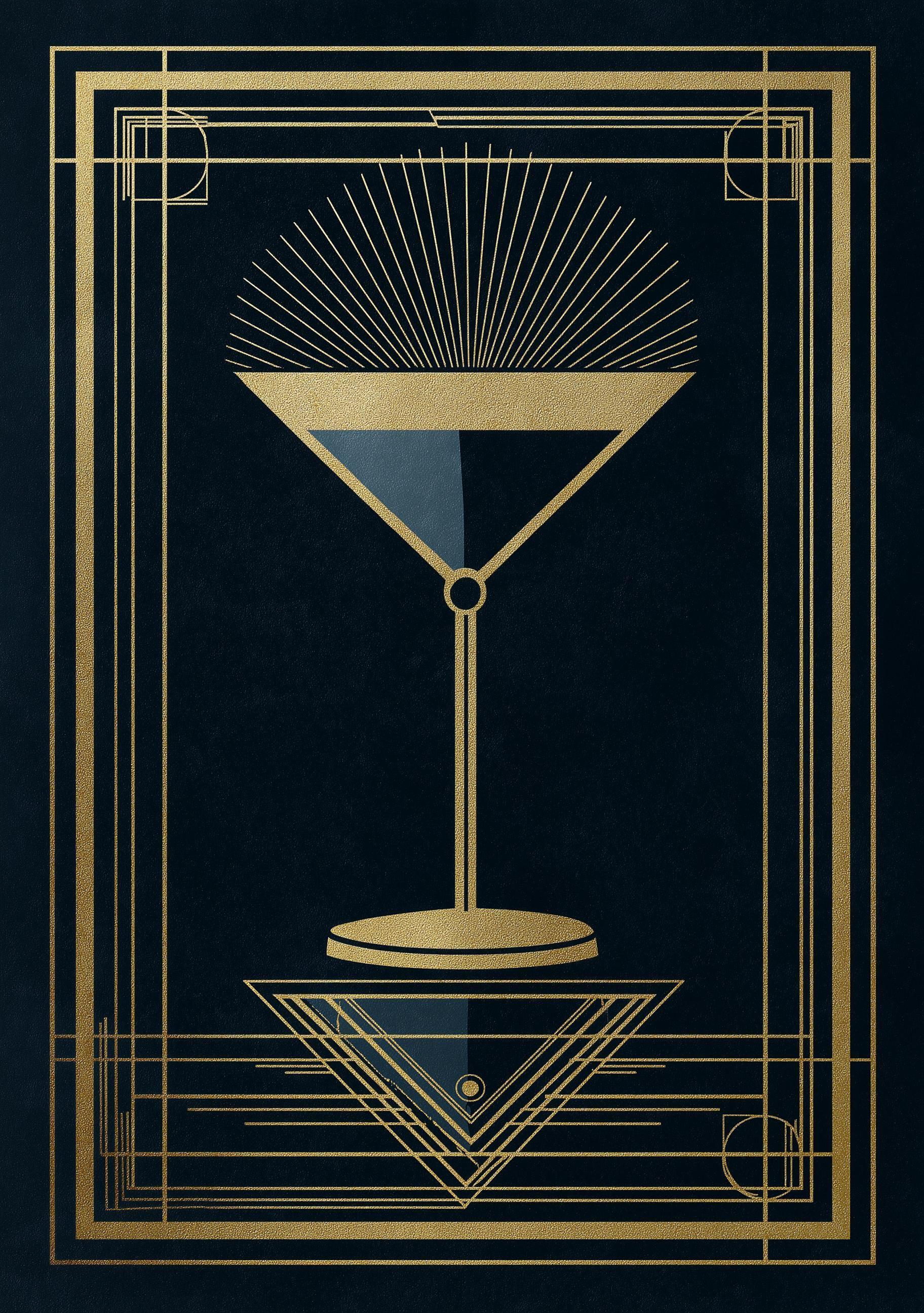 Art Deco Cocktail Wall Art Print, Minimalist Martini Illustration, Black and Gold Bar Décor