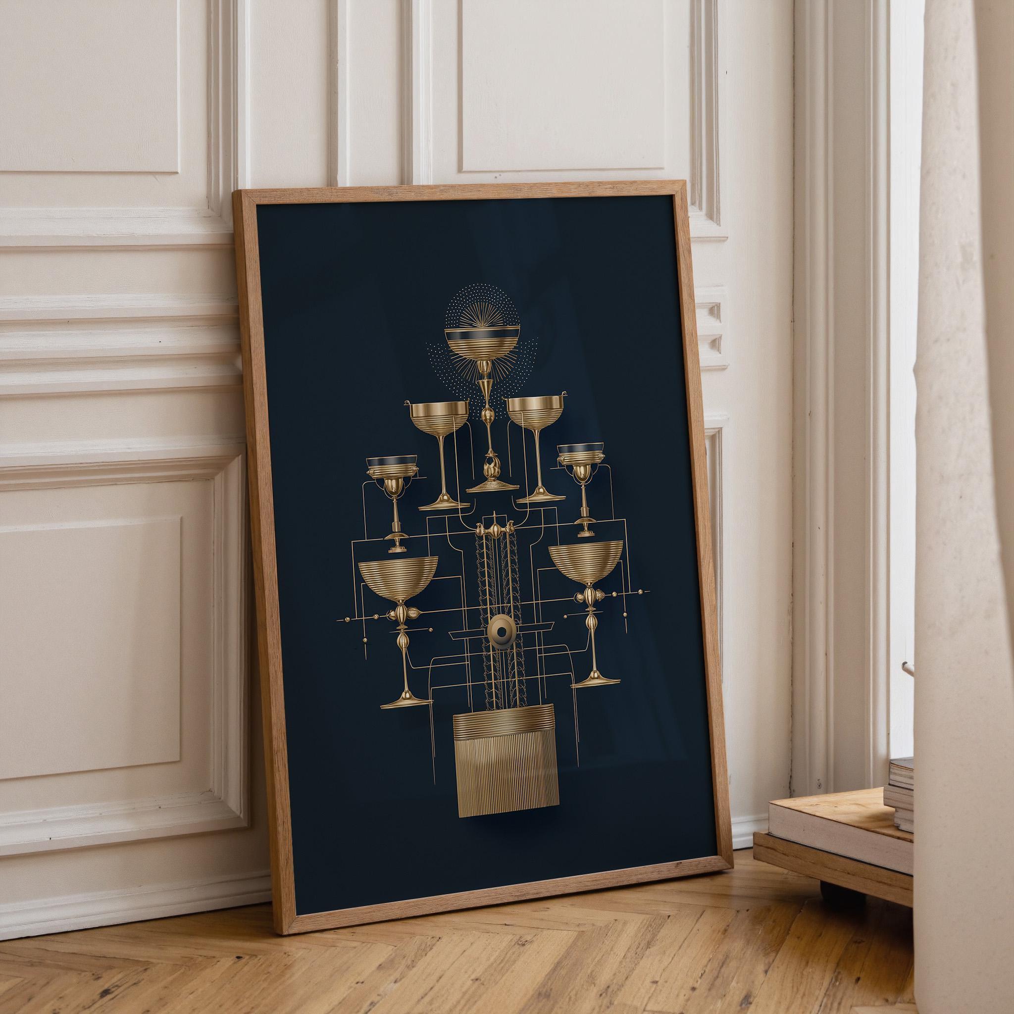 Art Deco Cocktail Wall Art Print, Minimalist Martini Illustration, Blue and Gold Bar Décor