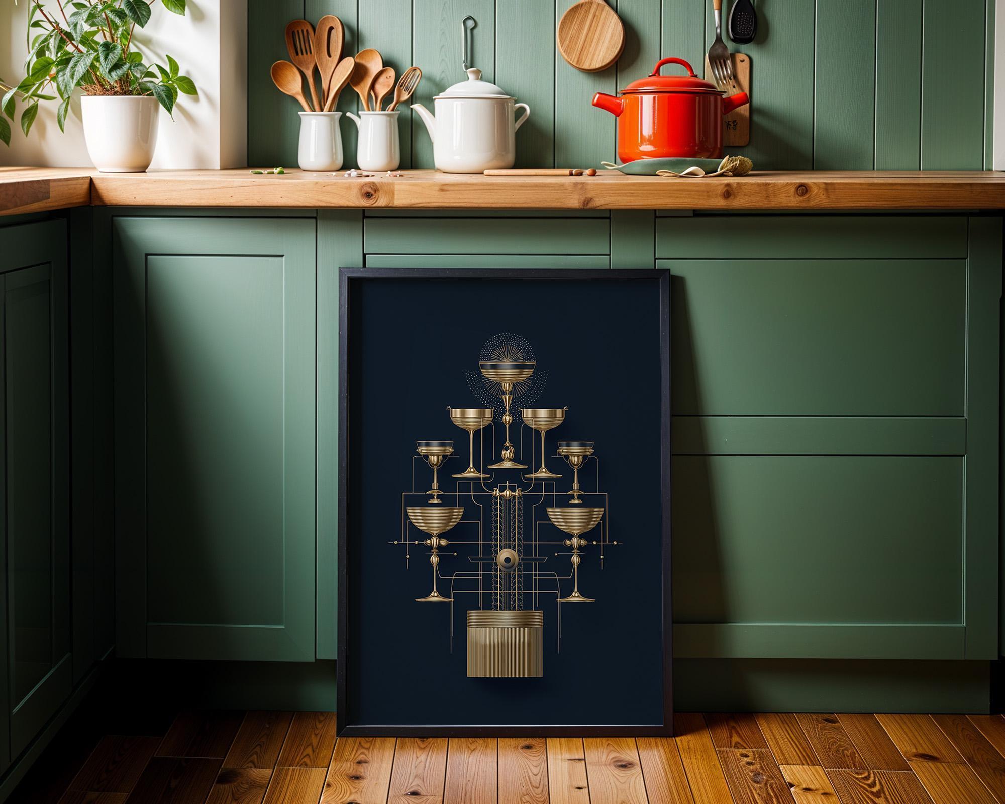 Art Deco Cocktail Wall Art Print, Minimalist Martini Illustration, Blue and Gold Bar Décor