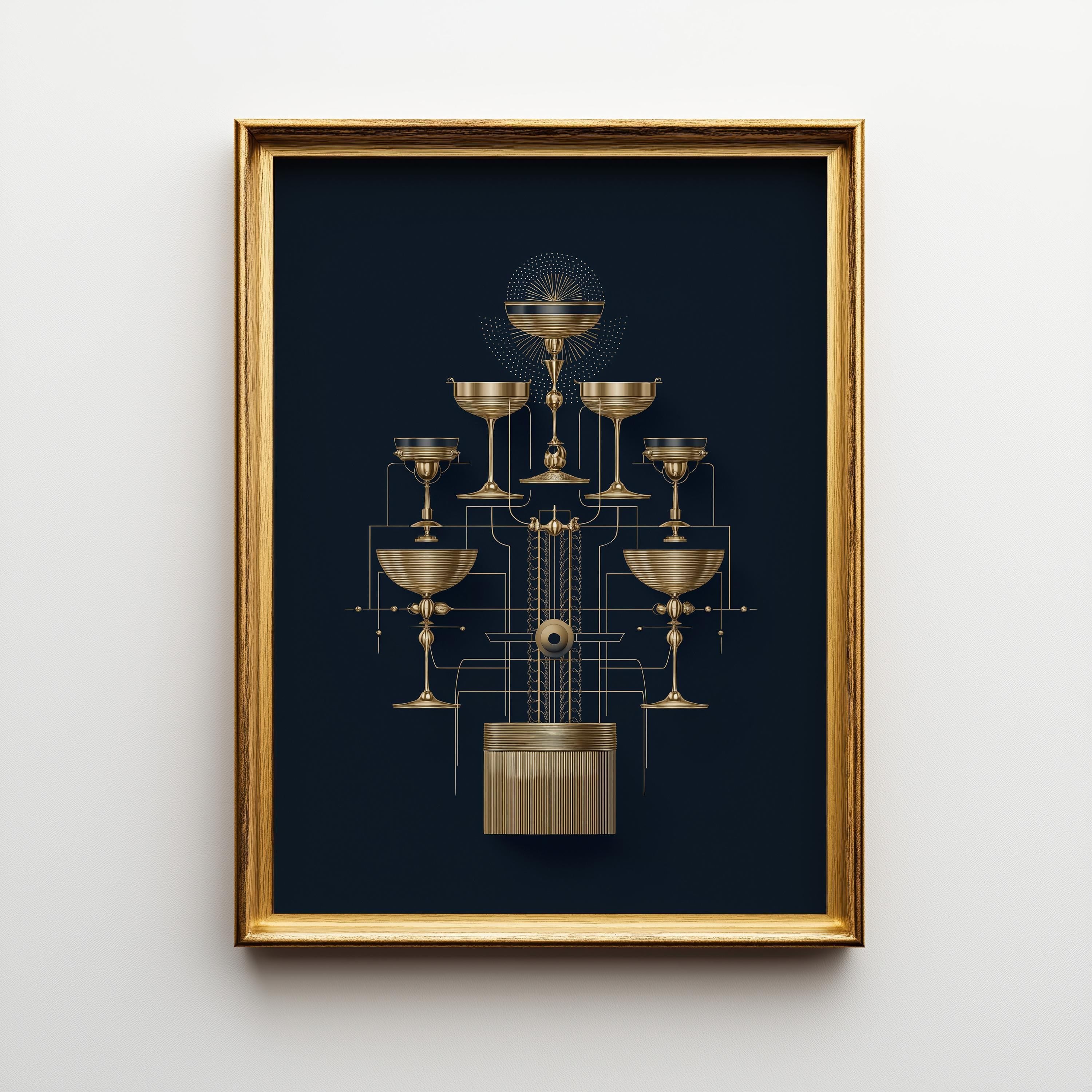Art Deco Cocktail Wall Art Print, Minimalist Martini Illustration, Blue and Gold Bar Décor
