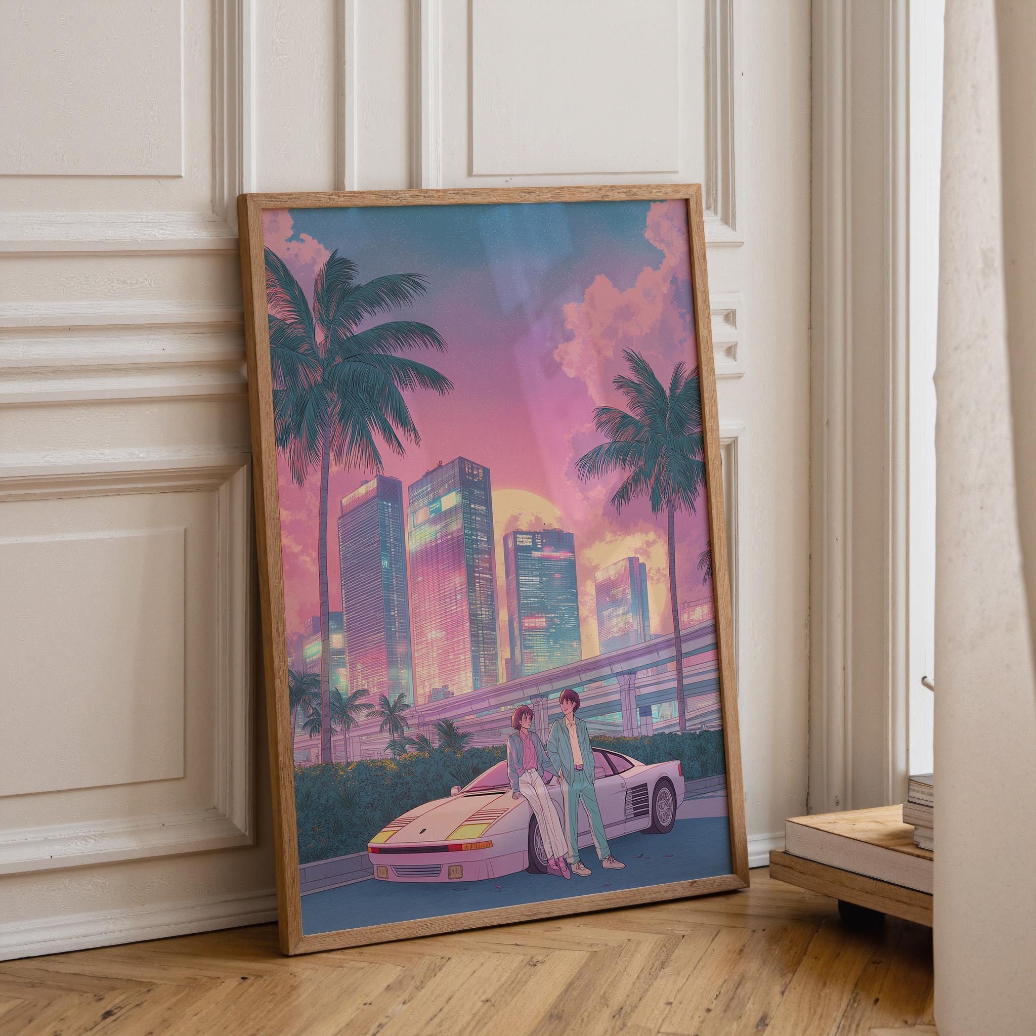 Retro Miami City Pop Palm Tree Synthwave Wall Art by The Wall Art Studio