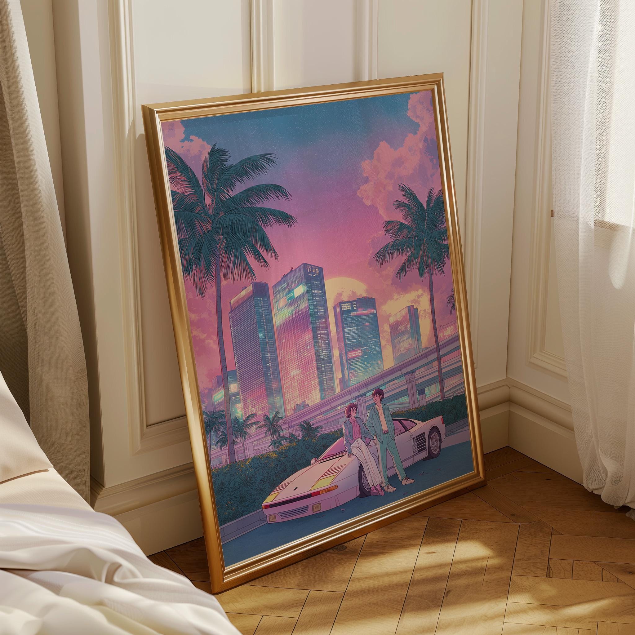 Retro Miami City Pop Palm Tree Synthwave Wall Art by The Wall Art Studio