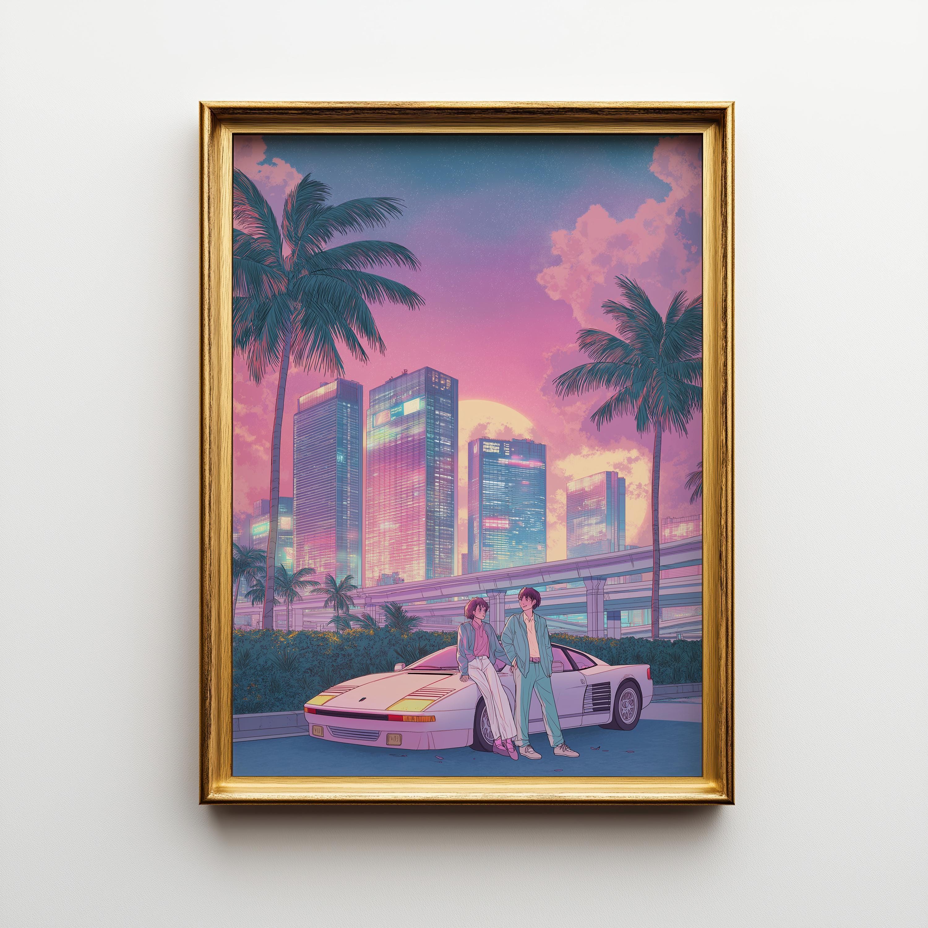 Retro Miami City Pop Palm Tree Synthwave Wall Art by The Wall Art Studio