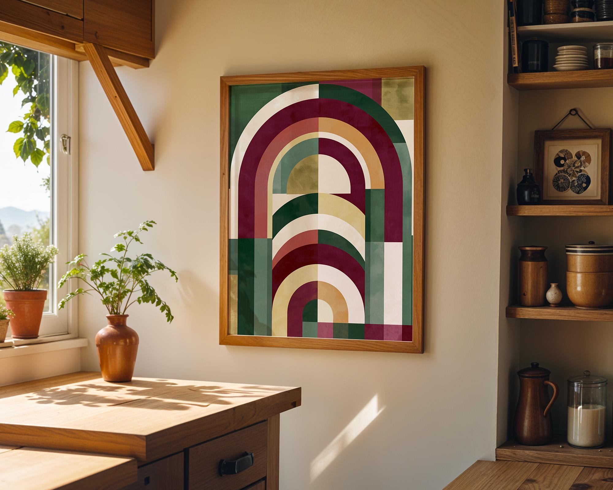 Burgundy, Green & Gold Neo Deco Geometric Arch Wall Art by The Wall Art Studio