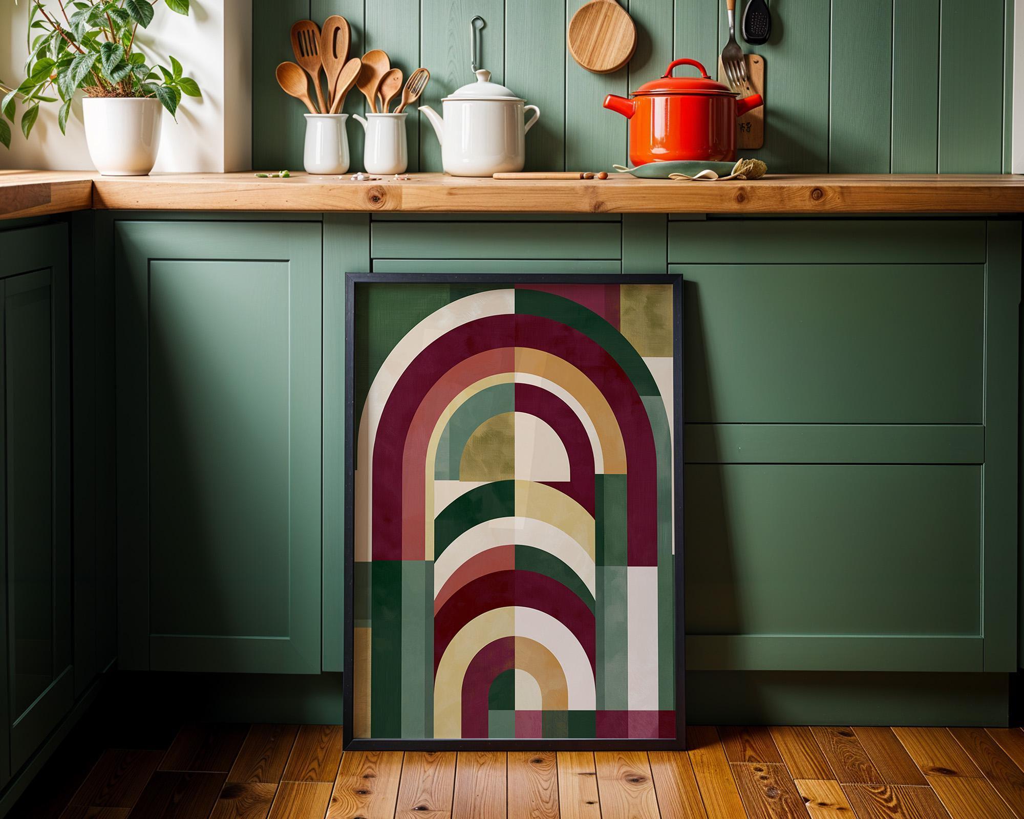 Burgundy, Green & Gold Neo Deco Geometric Arch Wall Art by The Wall Art Studio