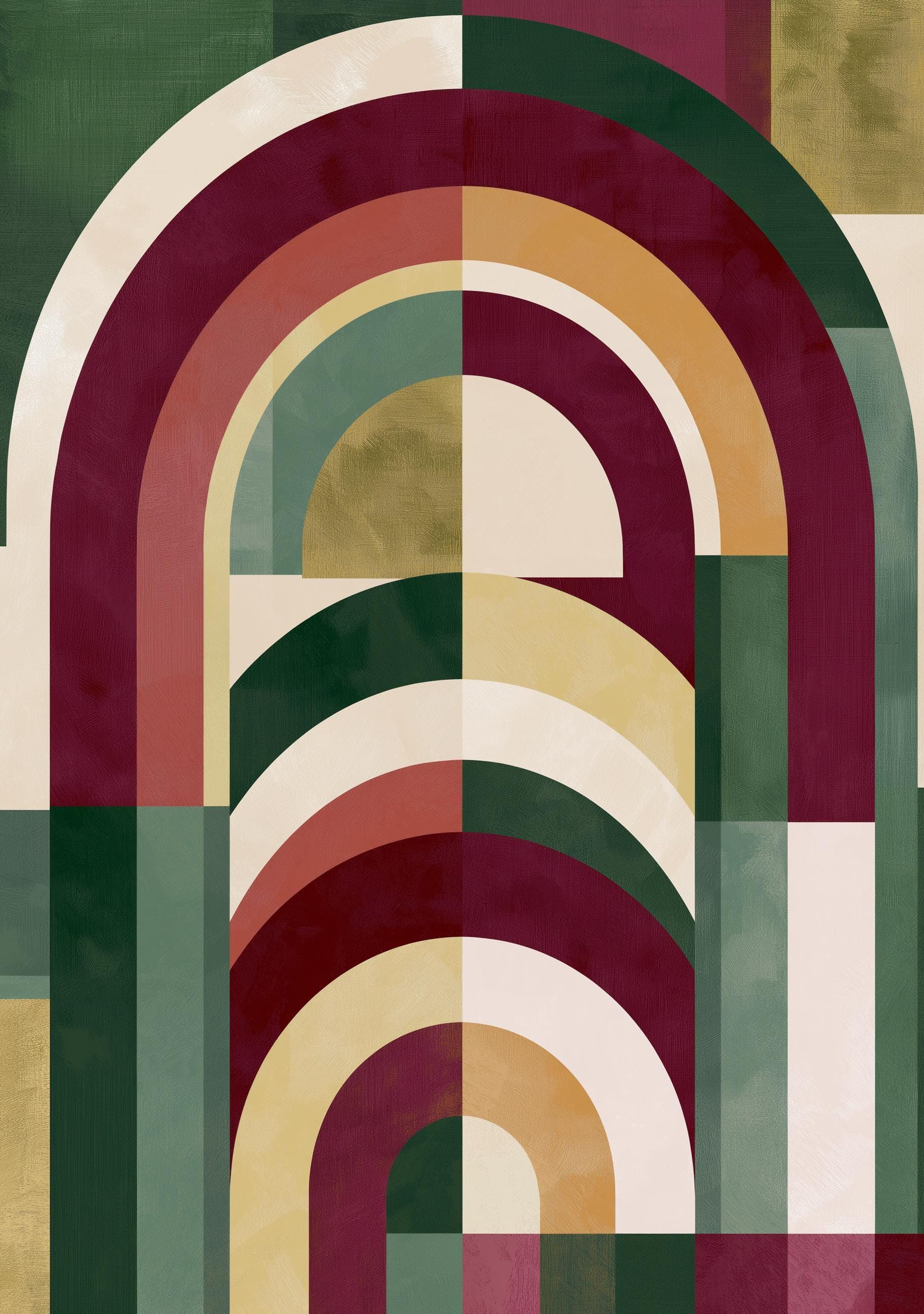 Burgundy, Green & Gold Neo Deco Geometric Arch Wall Art by The Wall Art Studio