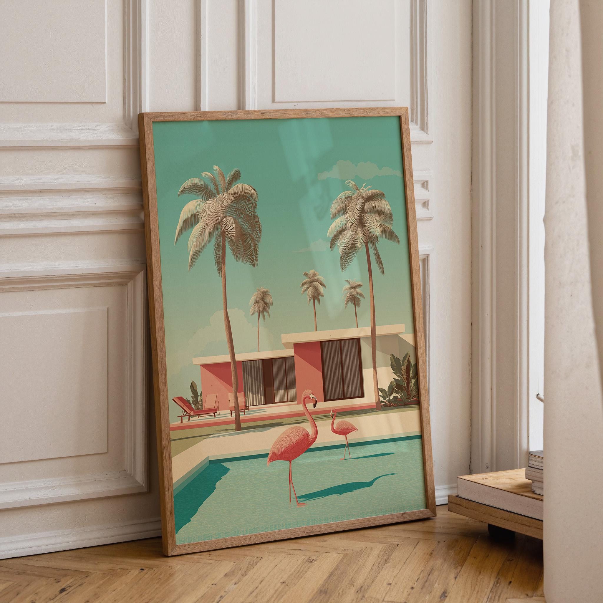 Mid Century Modern Flamingo in Pool Palm Springs Retro Wall Art by The Wall Art Studio - physical