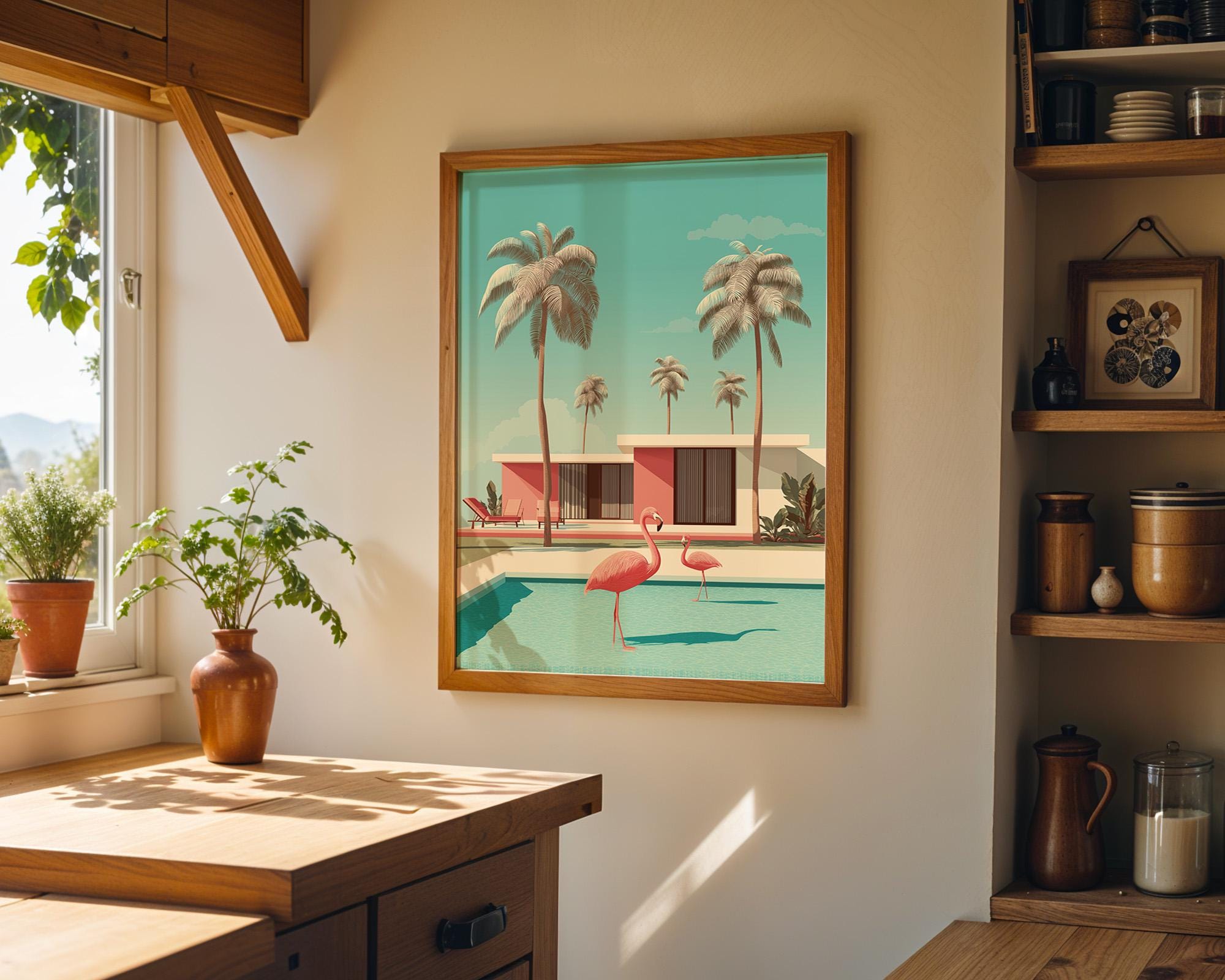 Mid Century Modern Flamingo in Pool Palm Springs Retro Wall Art by The Wall Art Studio - physical