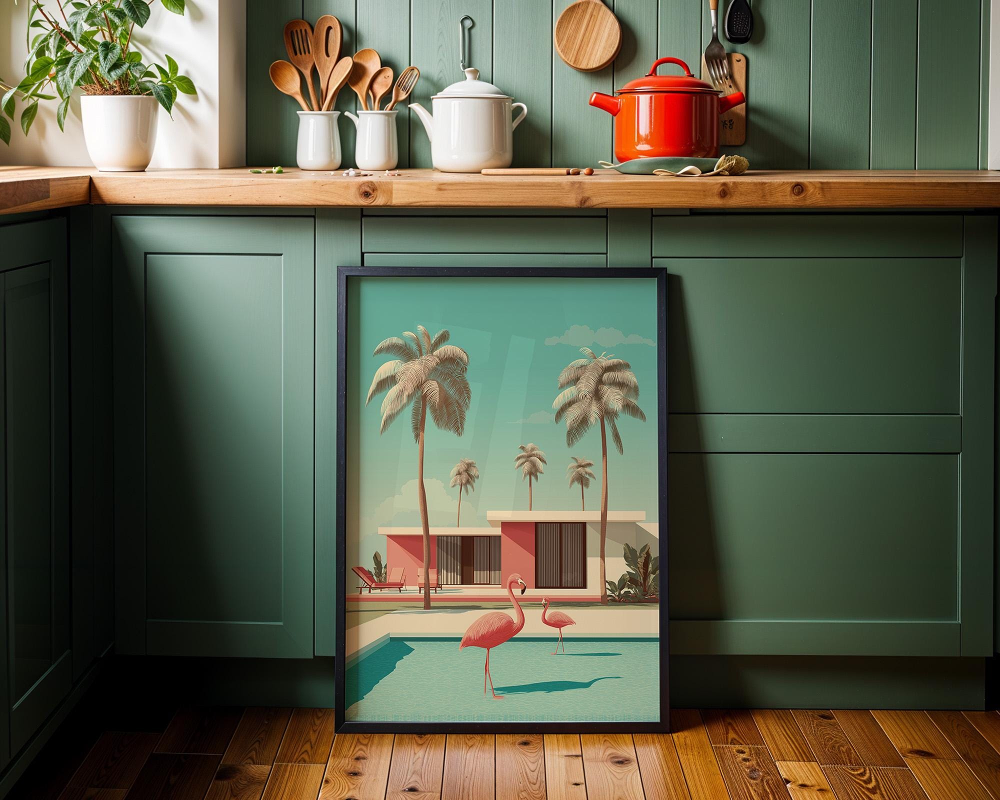 Mid Century Modern Flamingo in Pool Palm Springs Retro Wall Art by The Wall Art Studio - physical