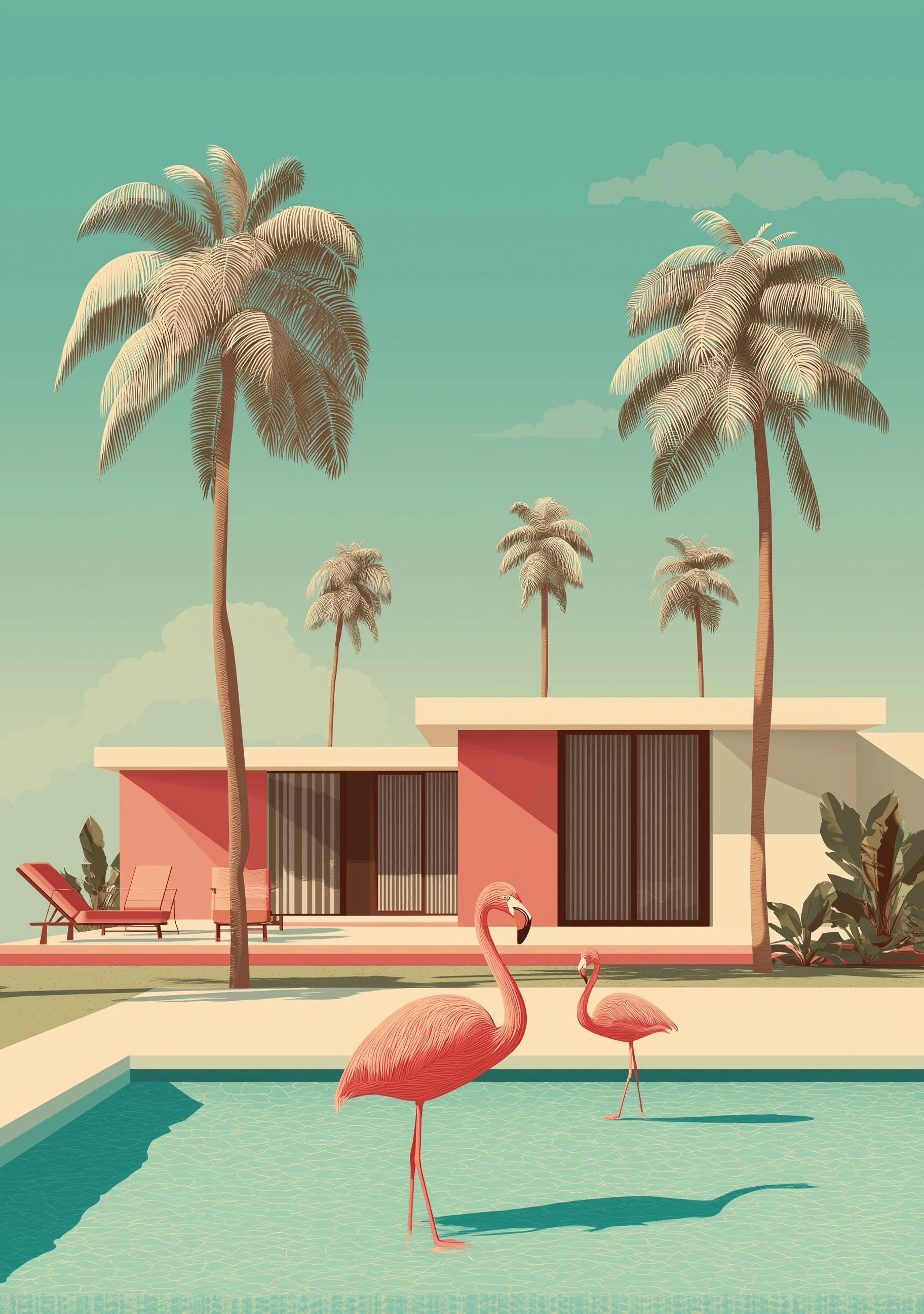 Mid Century Modern Flamingo in Pool Palm Springs Retro Wall Art by The Wall Art Studio - physical