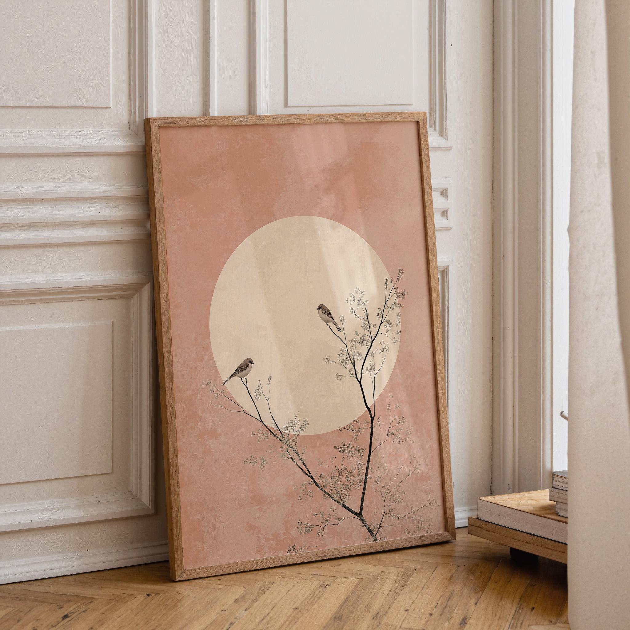Soft Pink Boho Japandi Minimalist Moon and Birds Wall Art by The Wall Art Studio - physical