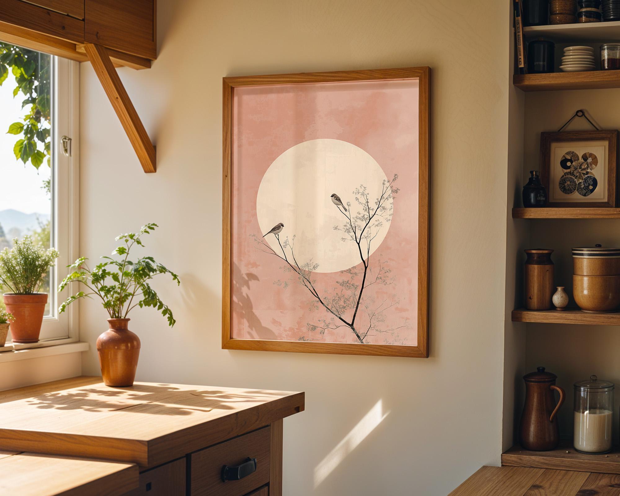 Soft Pink Boho Japandi Minimalist Moon and Birds Wall Art by The Wall Art Studio - physical