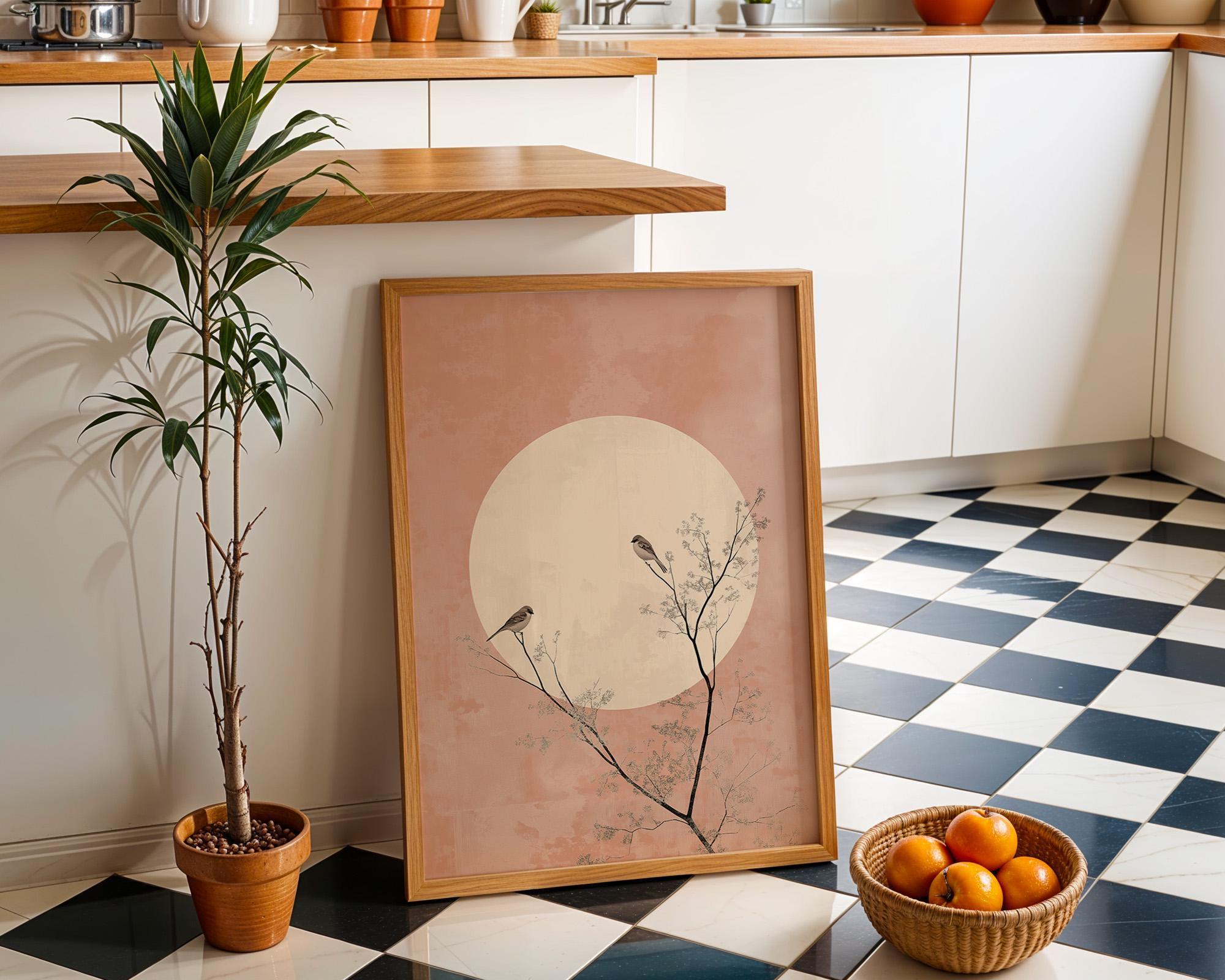 Soft Pink Boho Japandi Minimalist Moon and Birds Wall Art by The Wall Art Studio - physical