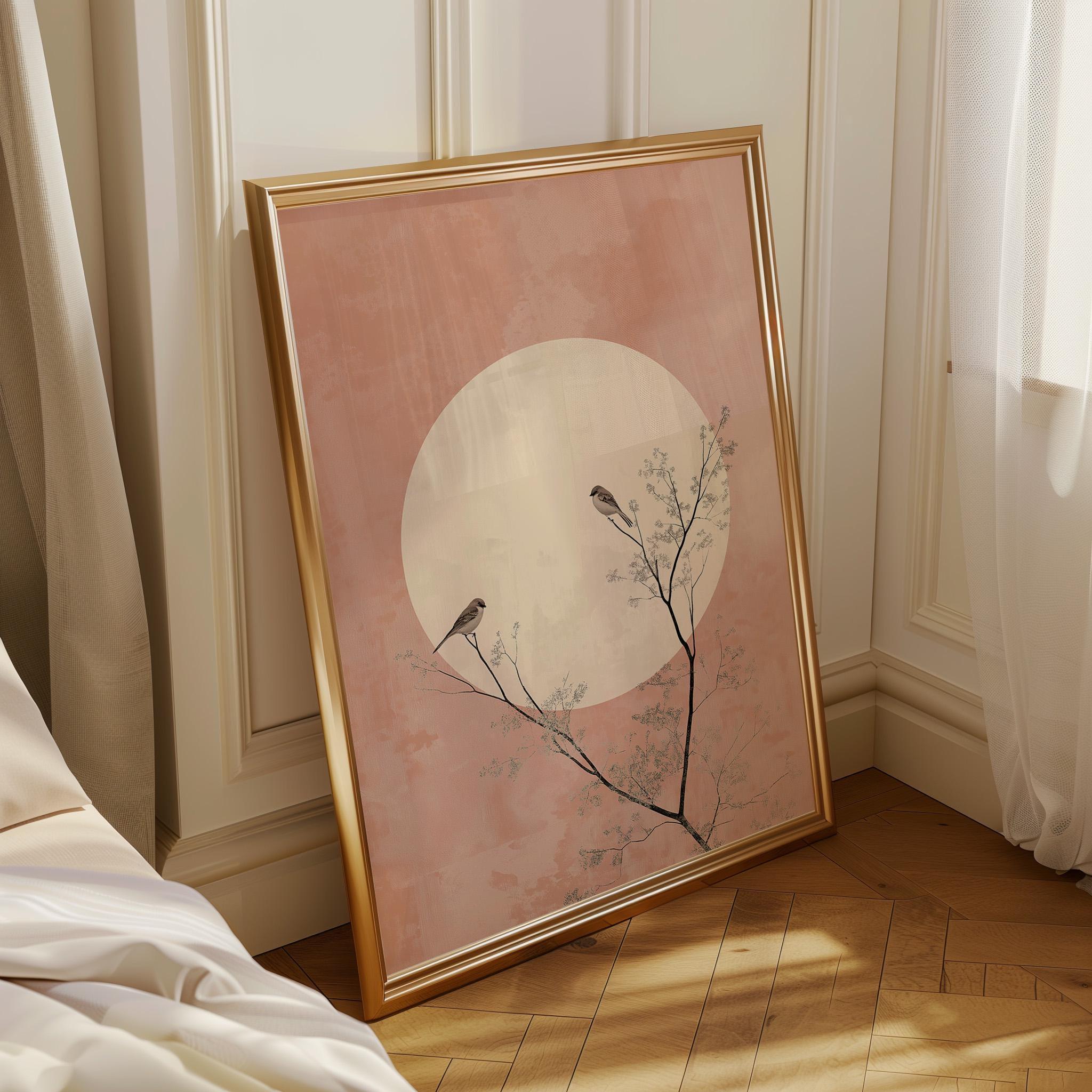 Soft Pink Boho Japandi Minimalist Moon and Birds Wall Art by The Wall Art Studio - physical