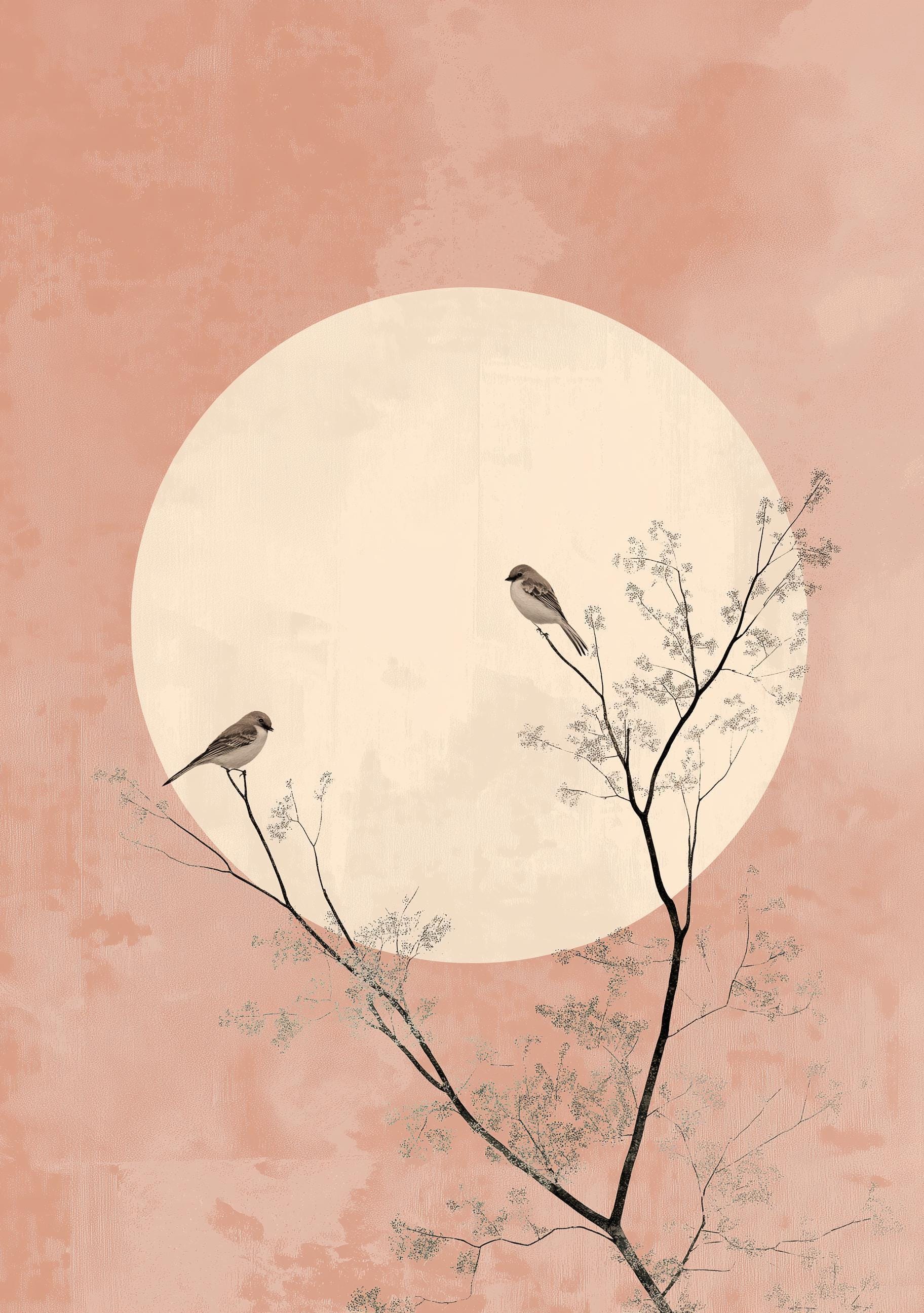 Soft Pink Boho Japandi Minimalist Moon and Birds Wall Art by The Wall Art Studio - physical