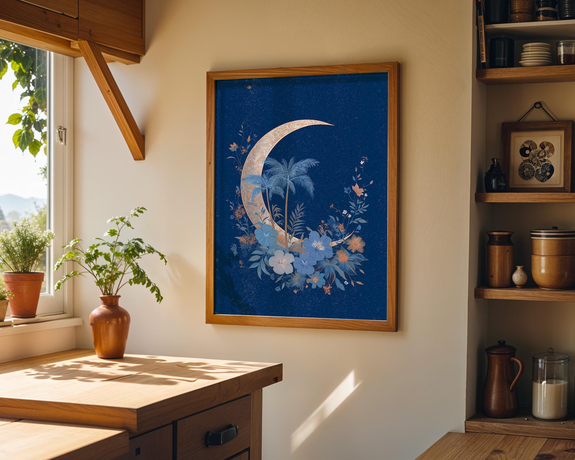 Blue Palm Tree Moon Celestial Tropical Boho Night Sky Wall Art by The Wall Art Studio