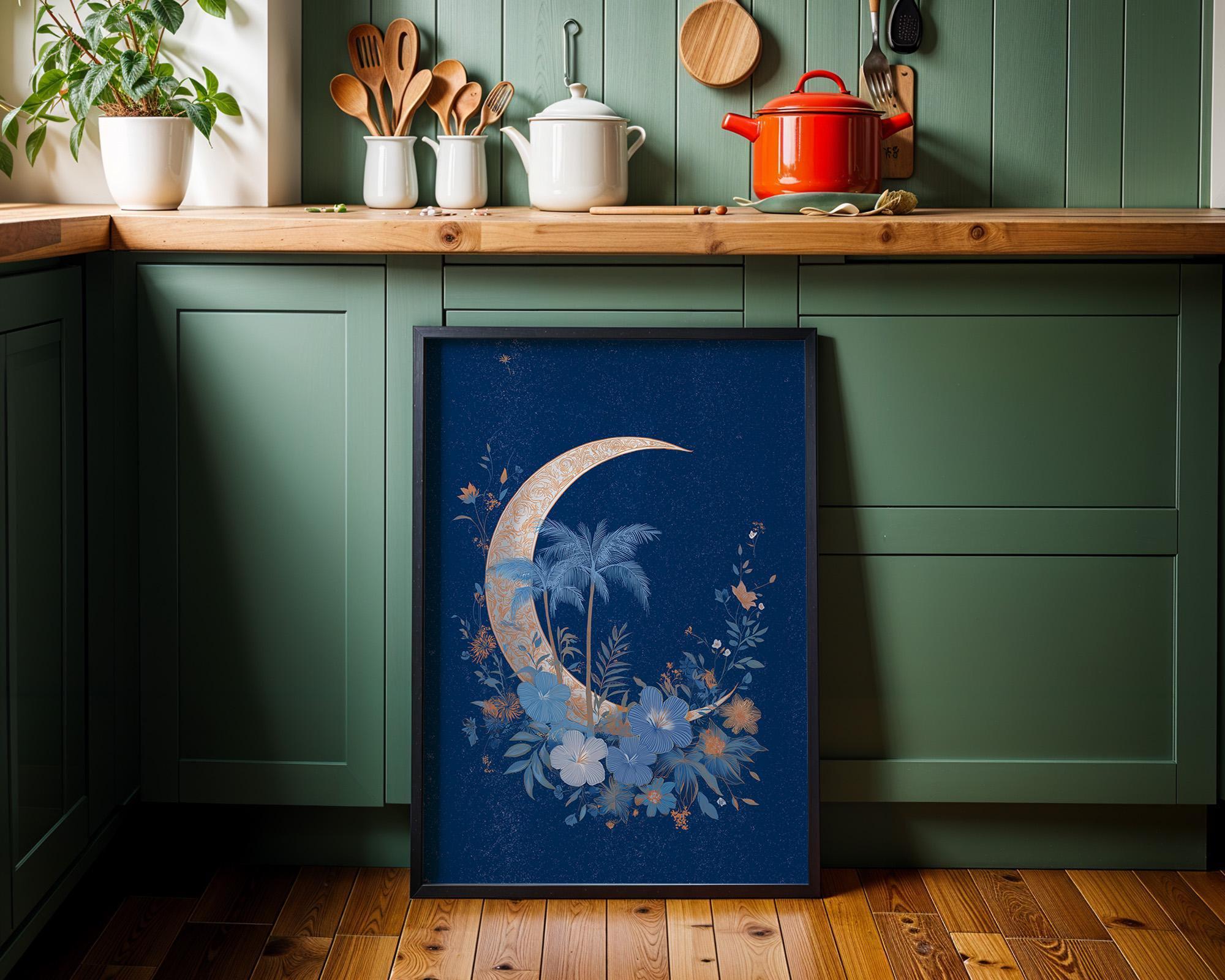 Blue Palm Tree Moon Celestial Tropical Boho Night Sky Wall Art by The Wall Art Studio
