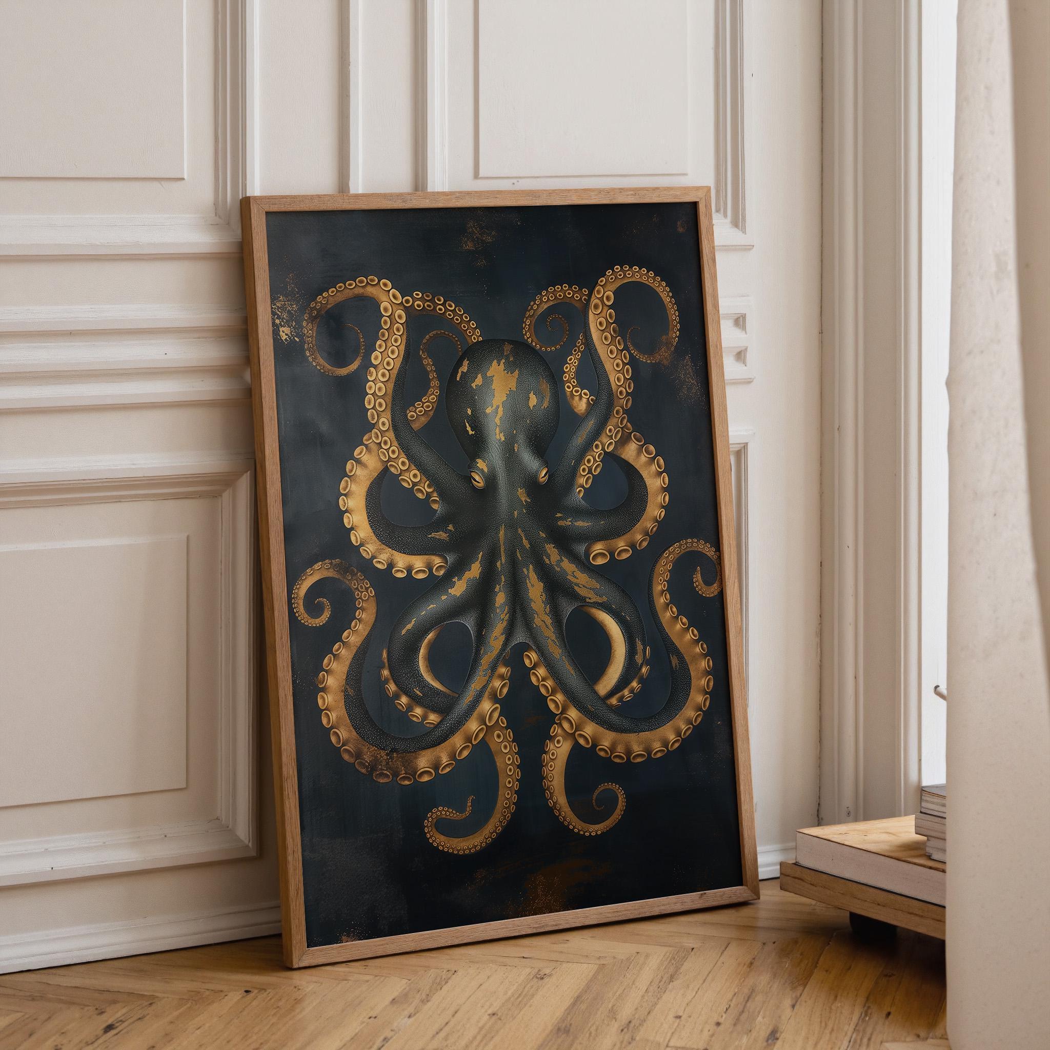 Octopus Nautical Coastal Blue and Gold Kraken Wall Art