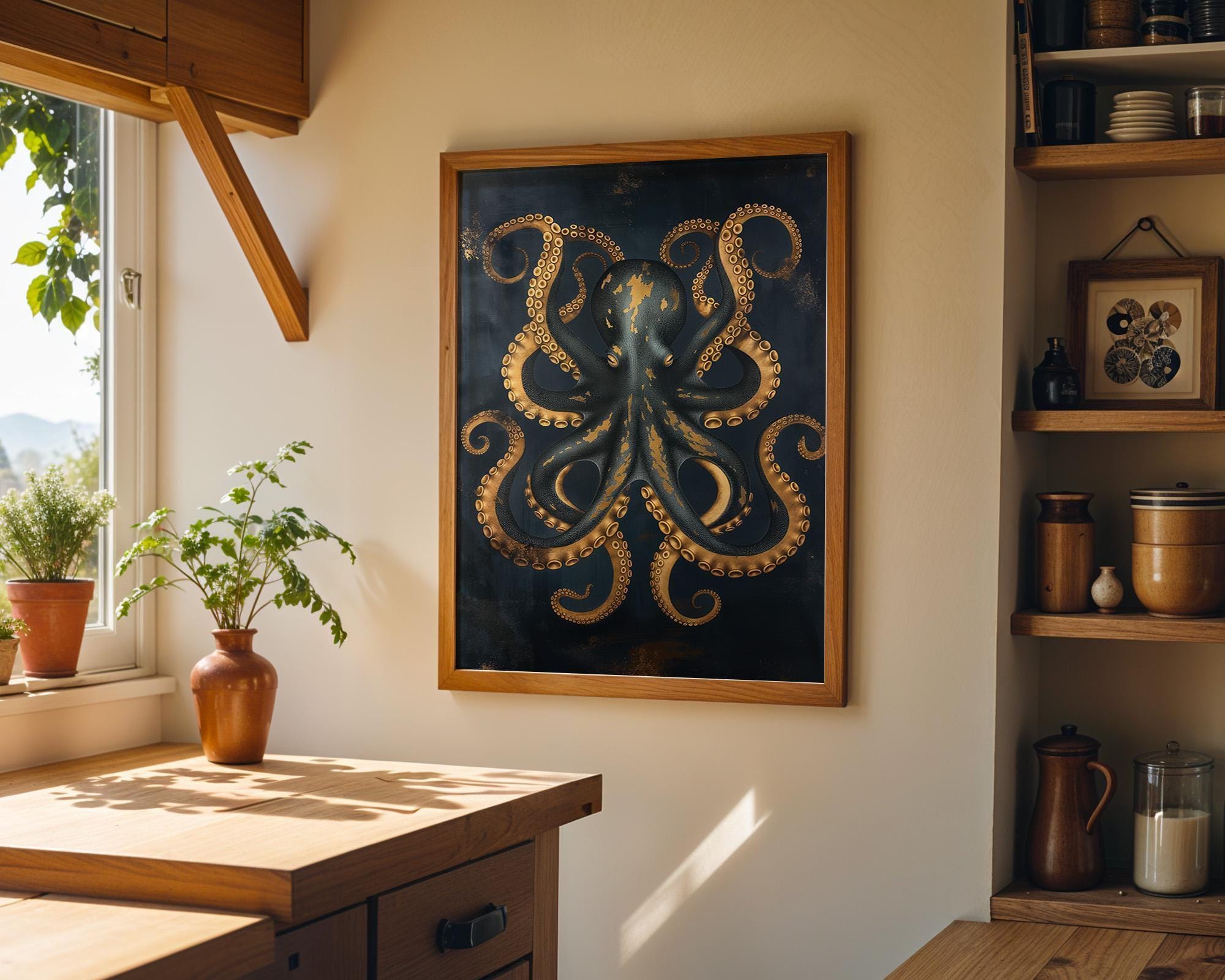 Octopus Nautical Coastal Blue and Gold Kraken Wall Art