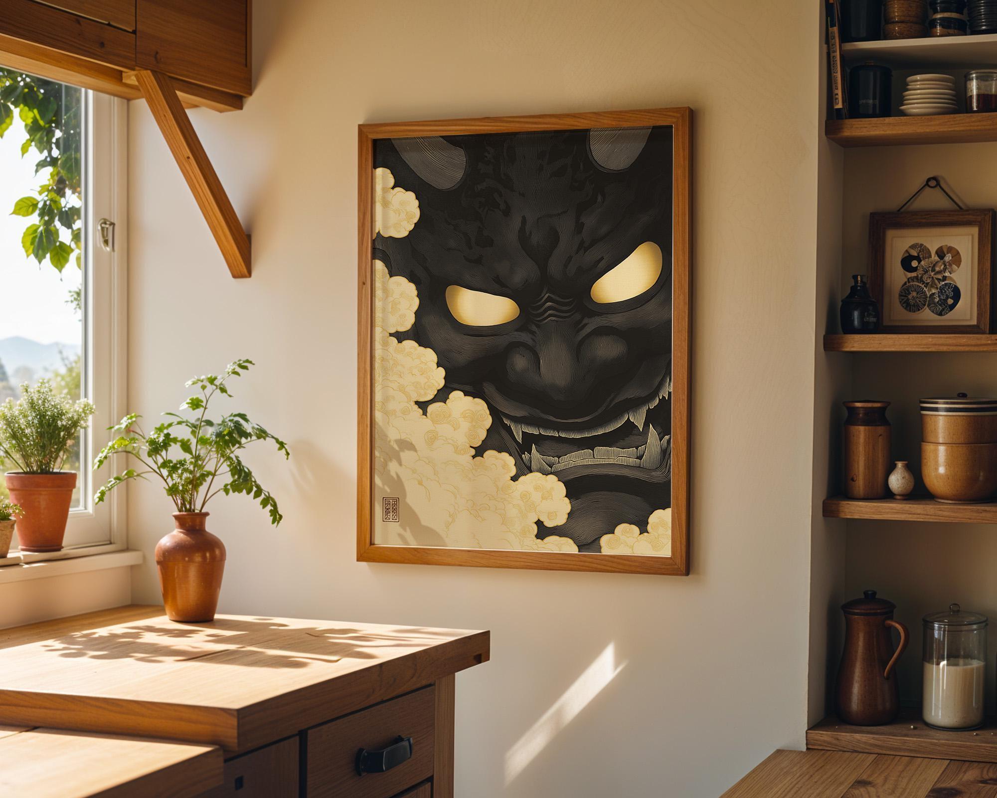 Black Oni Mask Wall Art, Japanese Demon Ukiyo-e Print, Gothic Samurai Decor (Framed Option)
