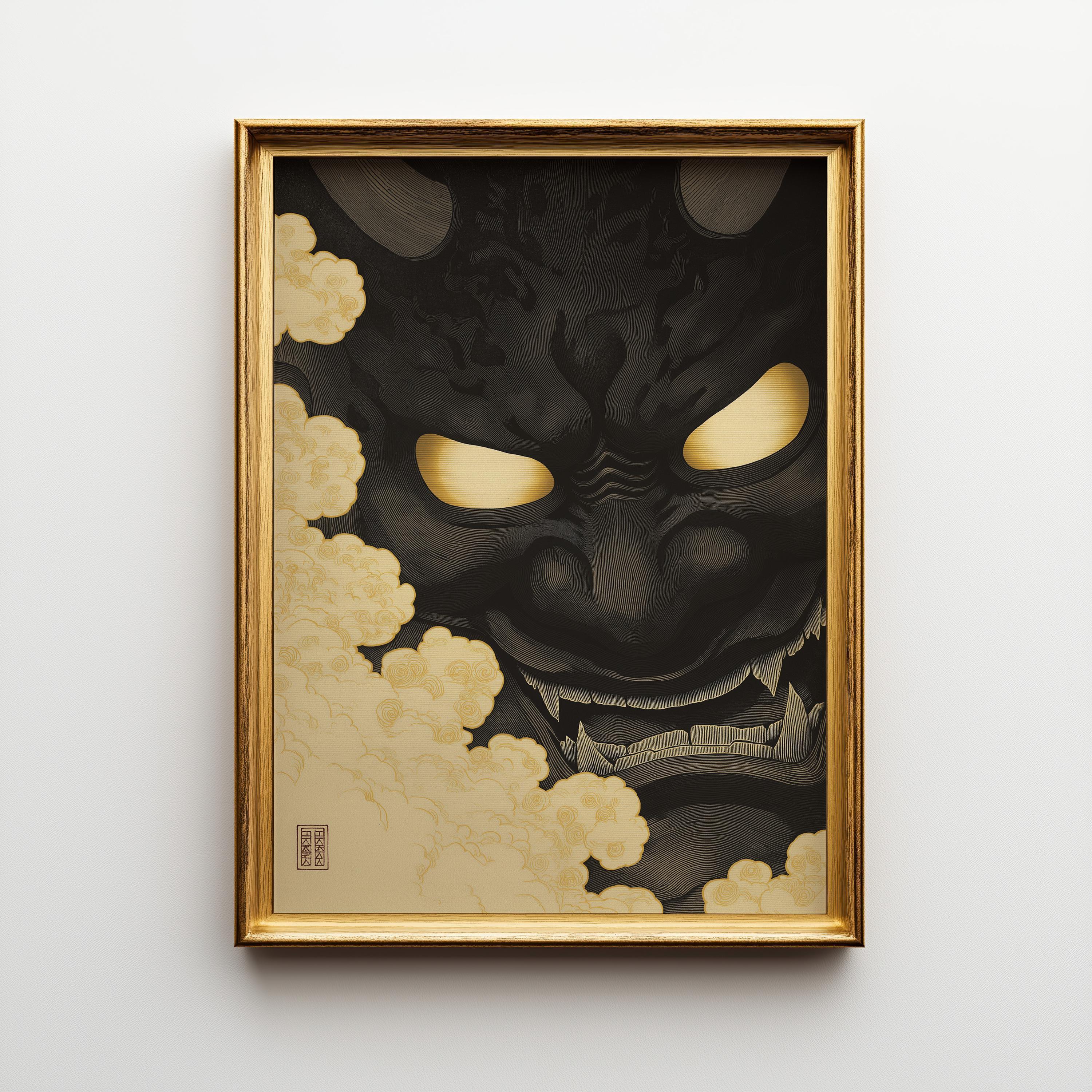 Black Oni Mask Wall Art, Japanese Demon Ukiyo-e Print, Gothic Samurai Decor (Framed Option)