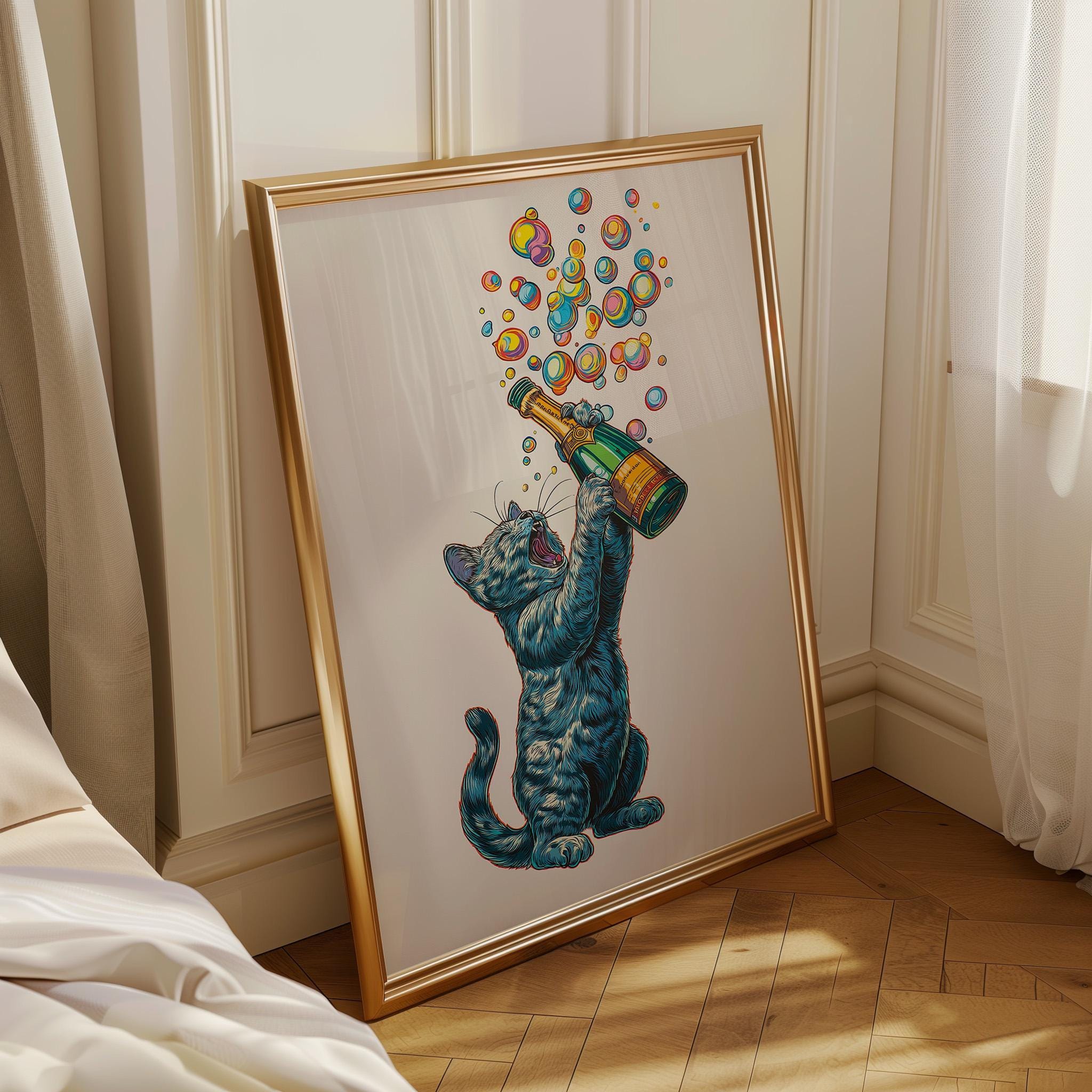 Black Cat Champagne Prosecco Bubble Celebration Wall Art by The Wall Art Studio - physical