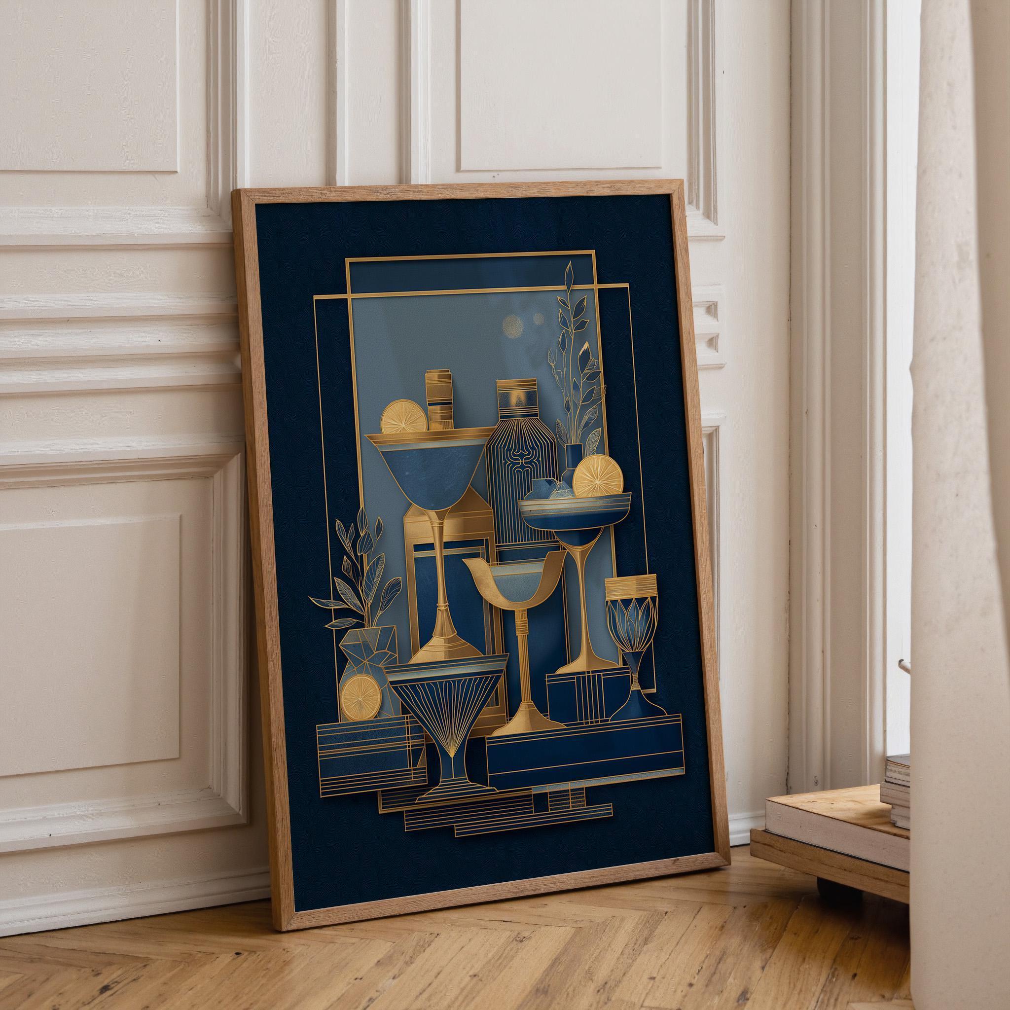 Art Deco Cocktail Wall Art Print, Minimalist Martini Illustration, Blue and Gold Bar Décor