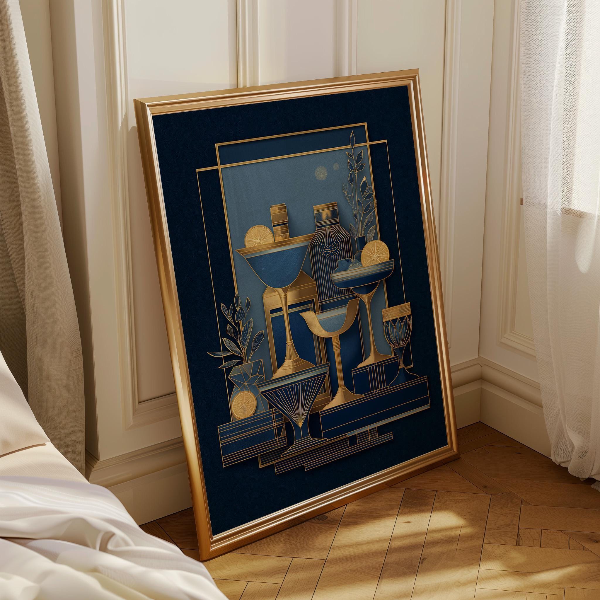 Art Deco Cocktail Wall Art Print, Minimalist Martini Illustration, Blue and Gold Bar Décor