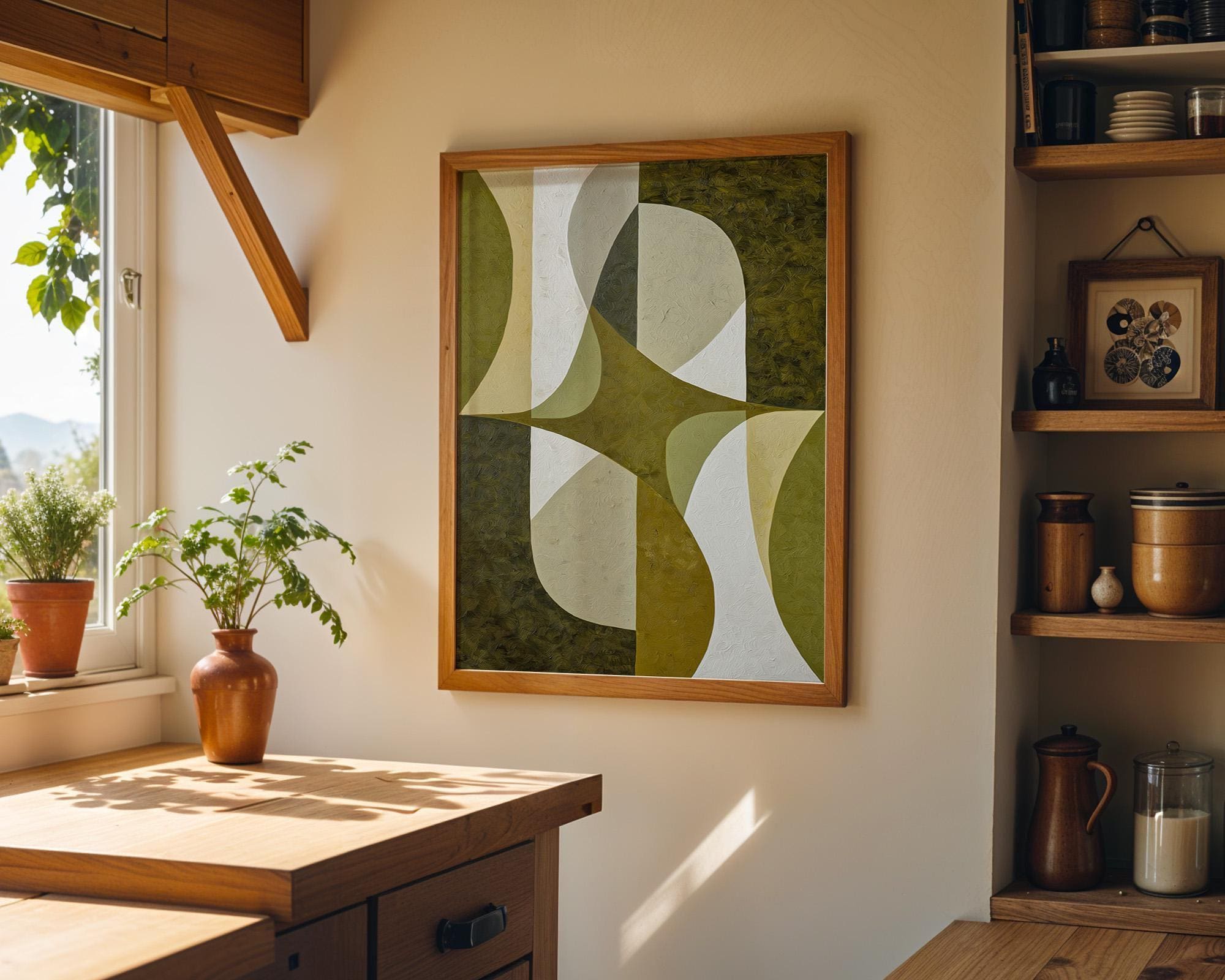 Olive Green Mid Century Modern GeometricRetro Abstract Scandinavian Wall Art by The Wall Art Studio - physical