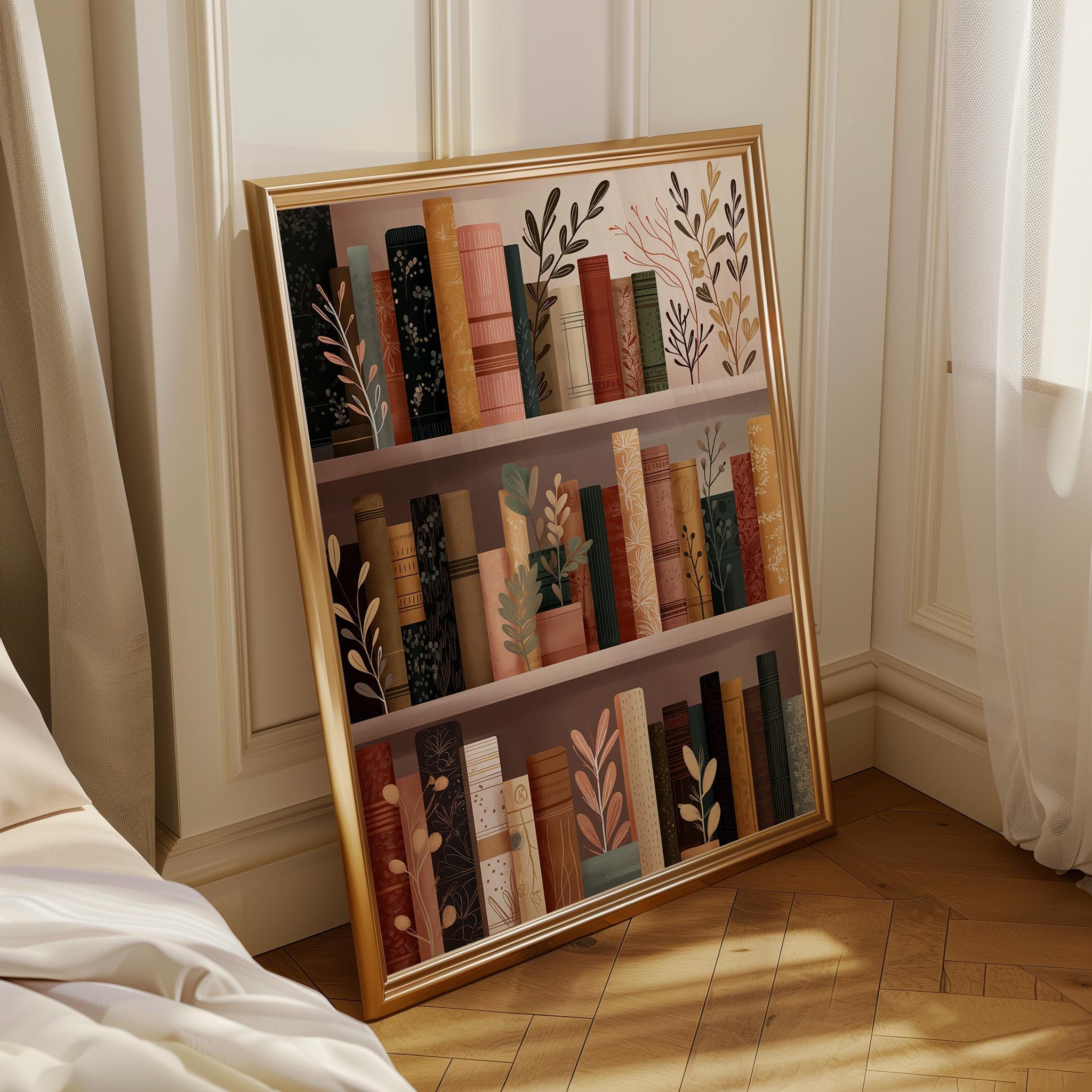 Floral Bookshelf Botanical Book Lover Whimsical Library Wall Art by The Wall Art Studio