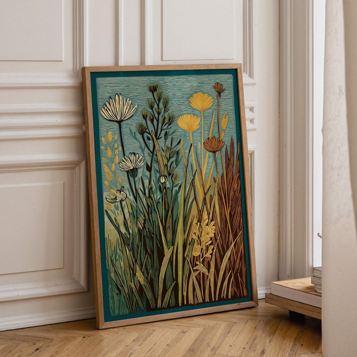 Wildflower Linocut Botanical Meadow Flower Rustic Floral Wall Art by The Wall Art Studio